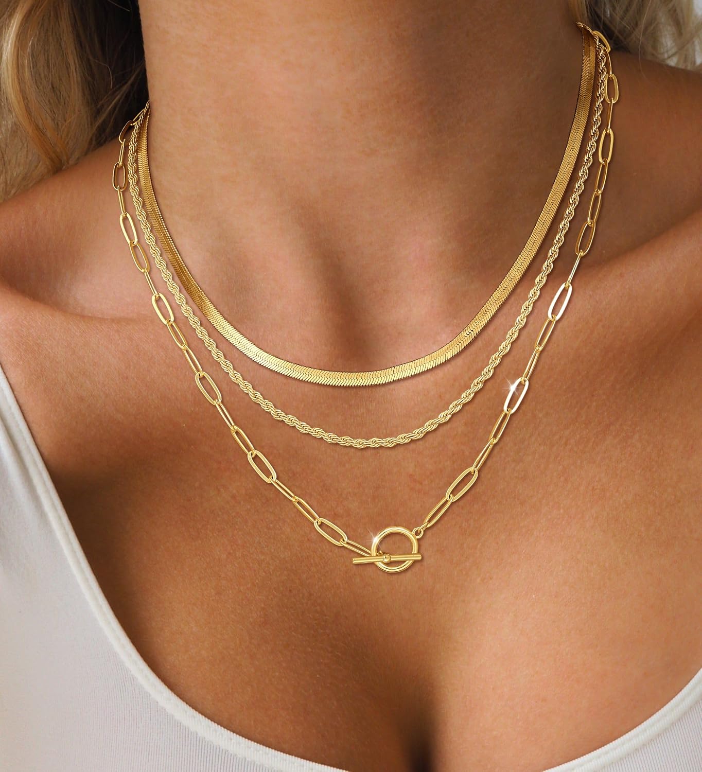 Valentine's Day Gift 14K Gold Plated Layered Necklace for Women, Stackable Chunky Cross Choker Necklaces for Women Trendy, Gold Statement Pendant Chain Toggle Front Clasp Thick Simple Jewelry - Image 3