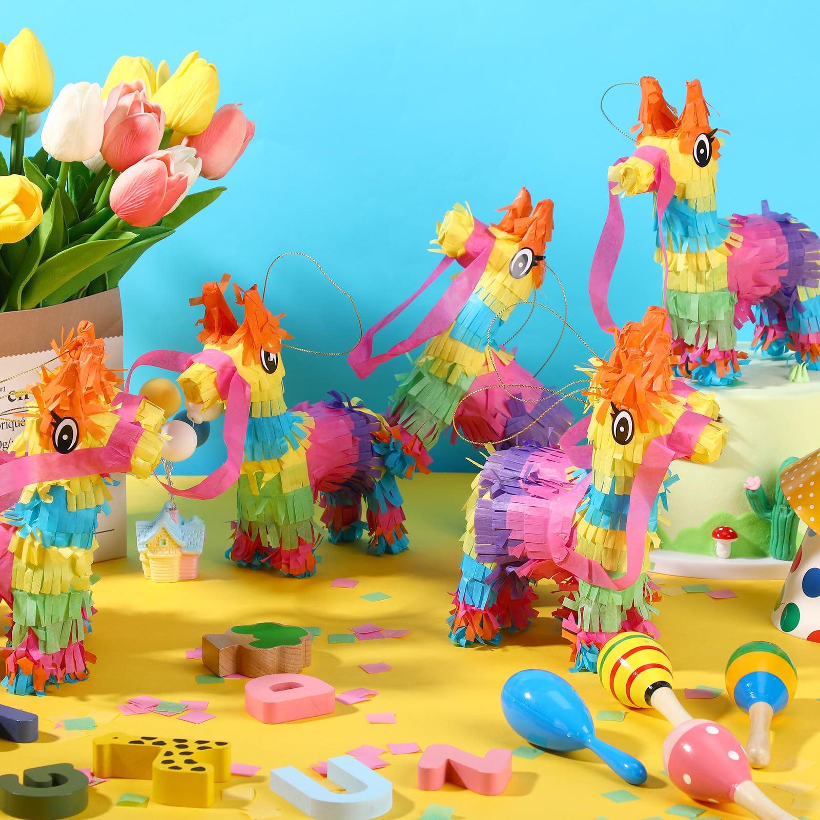 24 Mini Piñatas de Burro Piñatas de Burro Arcoíris Pequeñas Piñatas de Fiesta de Cinco de Mayo a Granel Piñatas de Llamas Favores de Fiesta de Burro Mexicanos