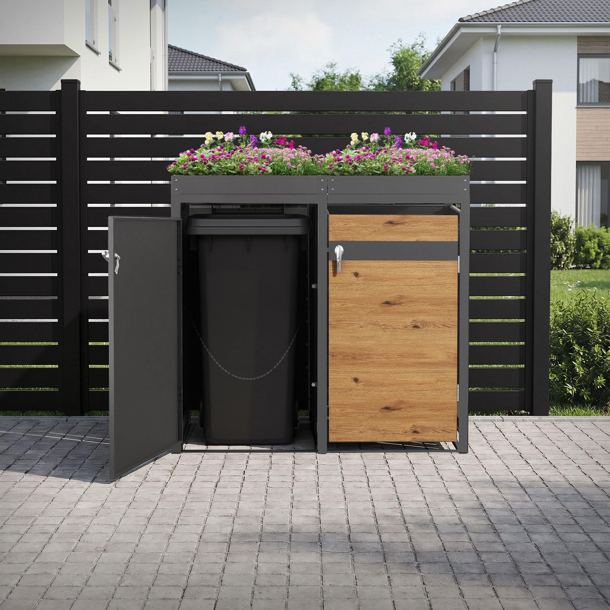 ML-Design pojemnik na odpady z daszkiem na 4 pojemniki na odpady, 240L 264x80x124 cm, debowy, stalowy, odporny na warunki atmosferyczne, zamykana pokrywa pojemnika na odpady z drzwiczkami