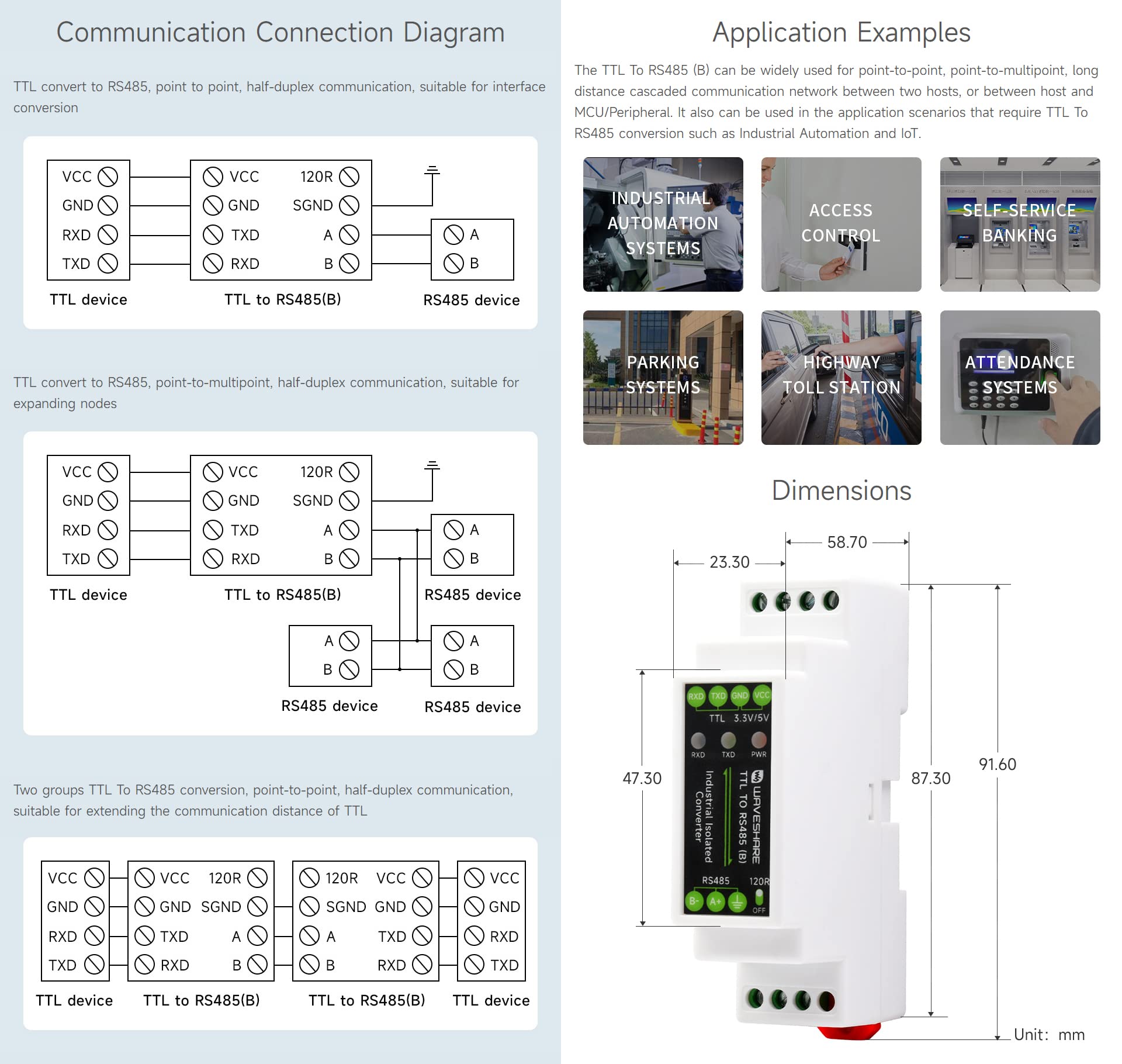 Waveshare Rail-Mount TTL To RS485 Galvanic Isolated Converter 600W Lightningproof & Anti-Surge Multi-Isolation Protectio Longer Transmission Distance