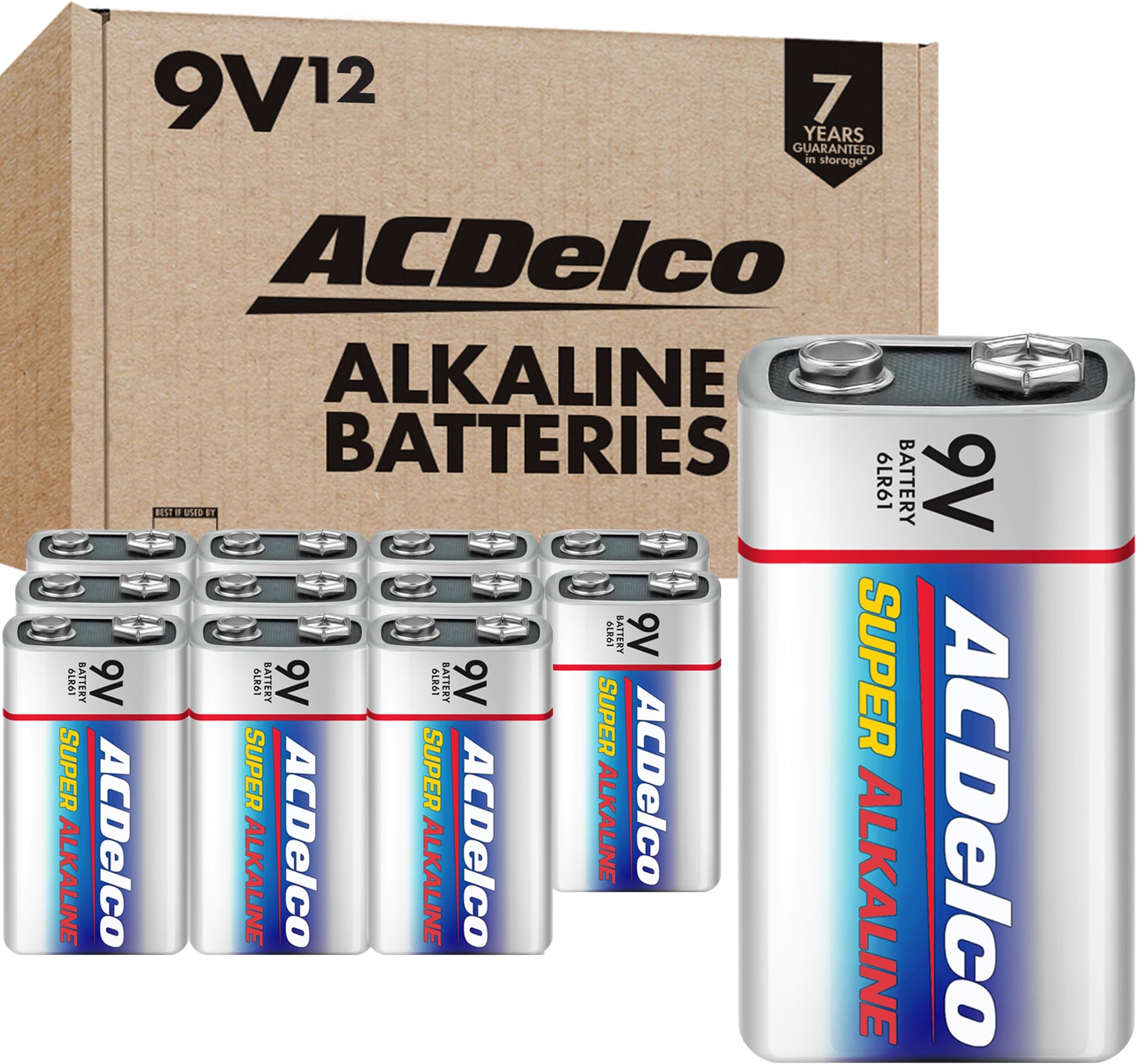 ACDelco 12-Count 9 Volt Batteries, Maximum Power Super Alkaline Battery, 7-Year Shelf Life, Recloseable Packaging