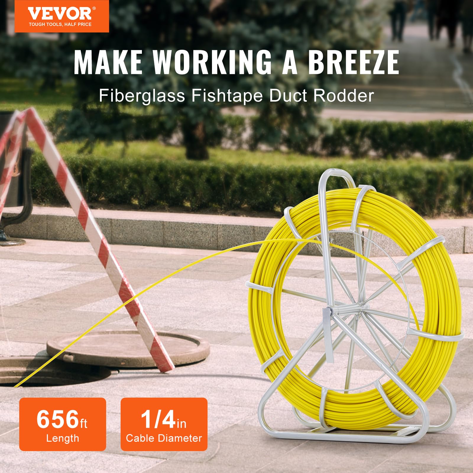 VEVOR Kabeleinziehhilfe Fiberglas, 200 m, 6,35 mm, Fishtape Wire Puller, Kabellaufstange mit Stahlrollenständer, 3 Zugköpfe, Angelwerkzeuge für Wände und elektrische Leitungen, nicht leitend