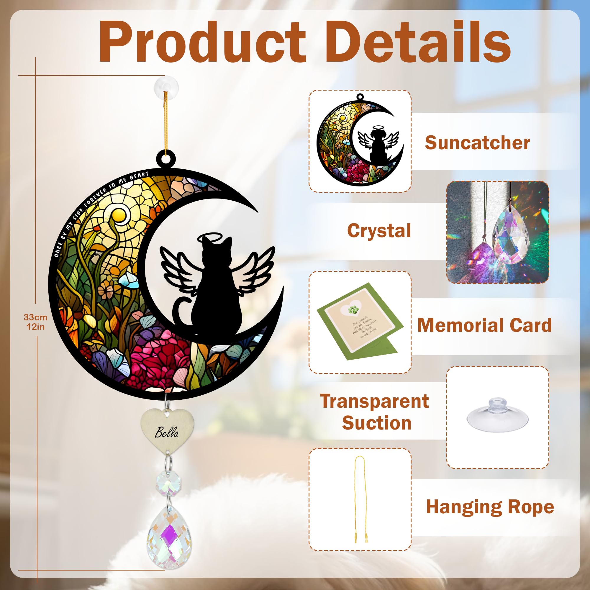 Cat Memorial Suncatcher for Windows Stained Glass,Pet Sympathy Gift to Memorialize The Loss,Unique Angel Cat Statue Suncatchers with Personalized Decorations