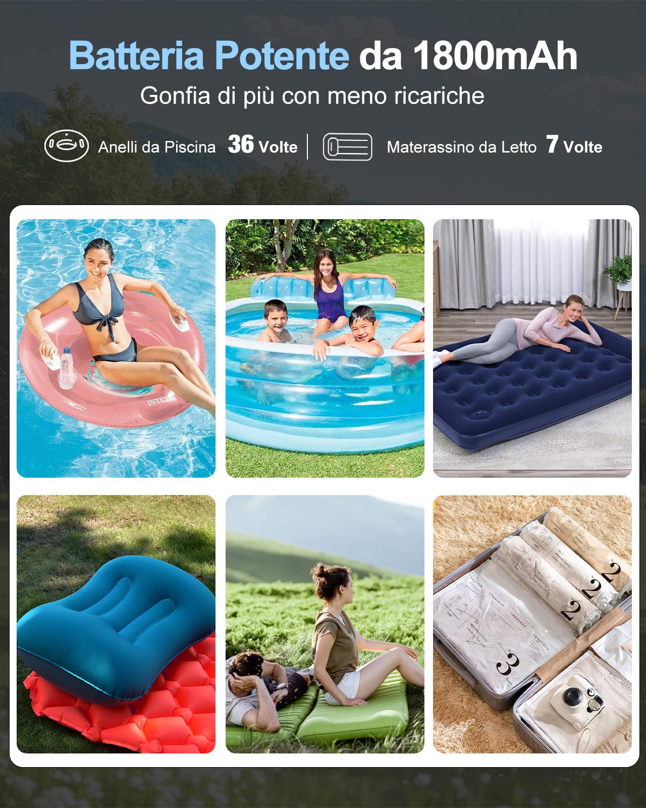 Pompa ad Aria Elettrica con Batteria per Materasso Letto Gonfiabile, Sacchi Sottovuoto, 5 Ugelli & Luce da Campeggio, Gonfiaggio e Sgonfiaggio Rapidi, Pompa Viaggio per Anelli da Nuoto, Galleggianti