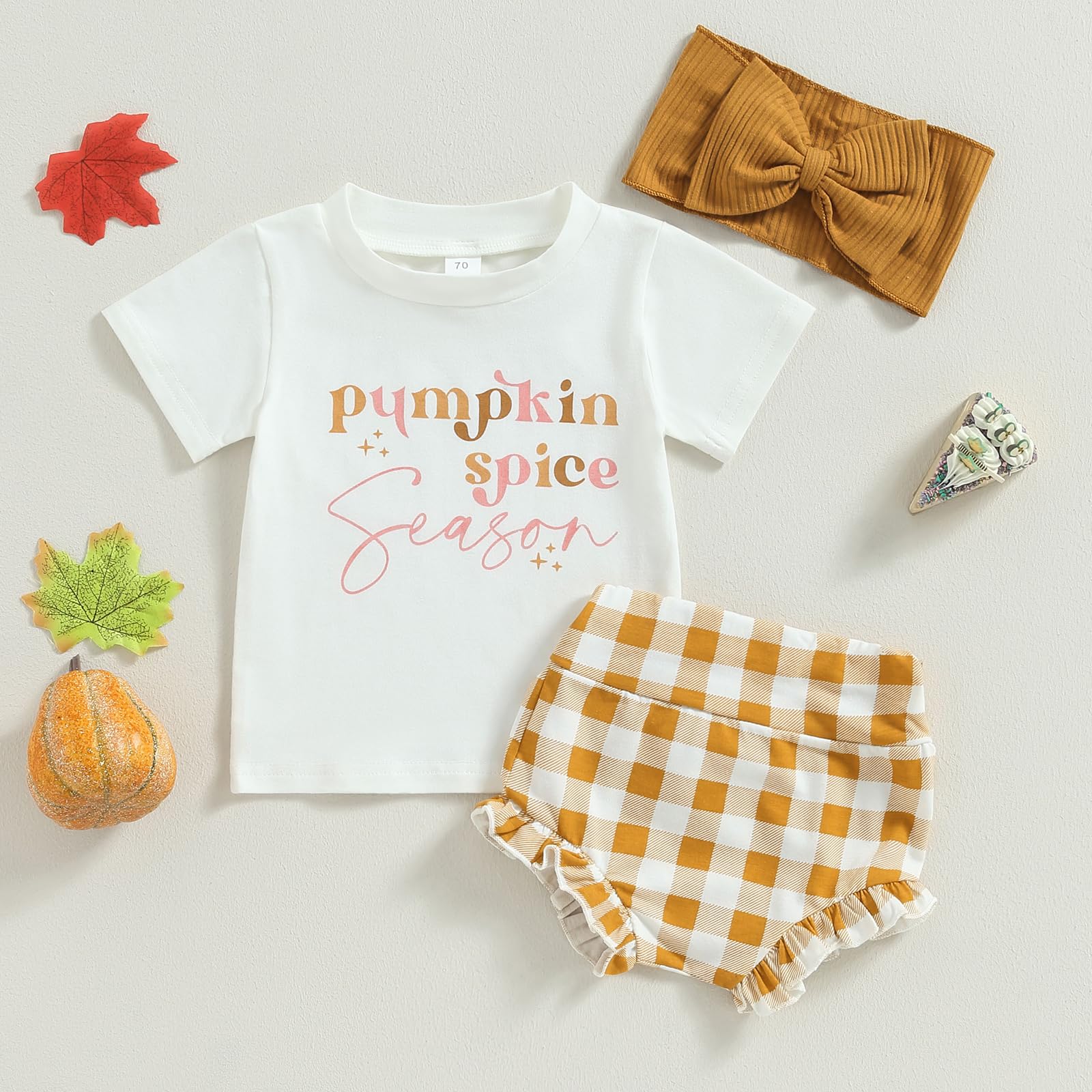 Gaono Baby Girl Halloween Outfits Letter Pumpkin Short Sleeve T-shirt Romper Bloomer Shorts With Headband 3Pcs Clothes Set (B-White, 0-6 Months)