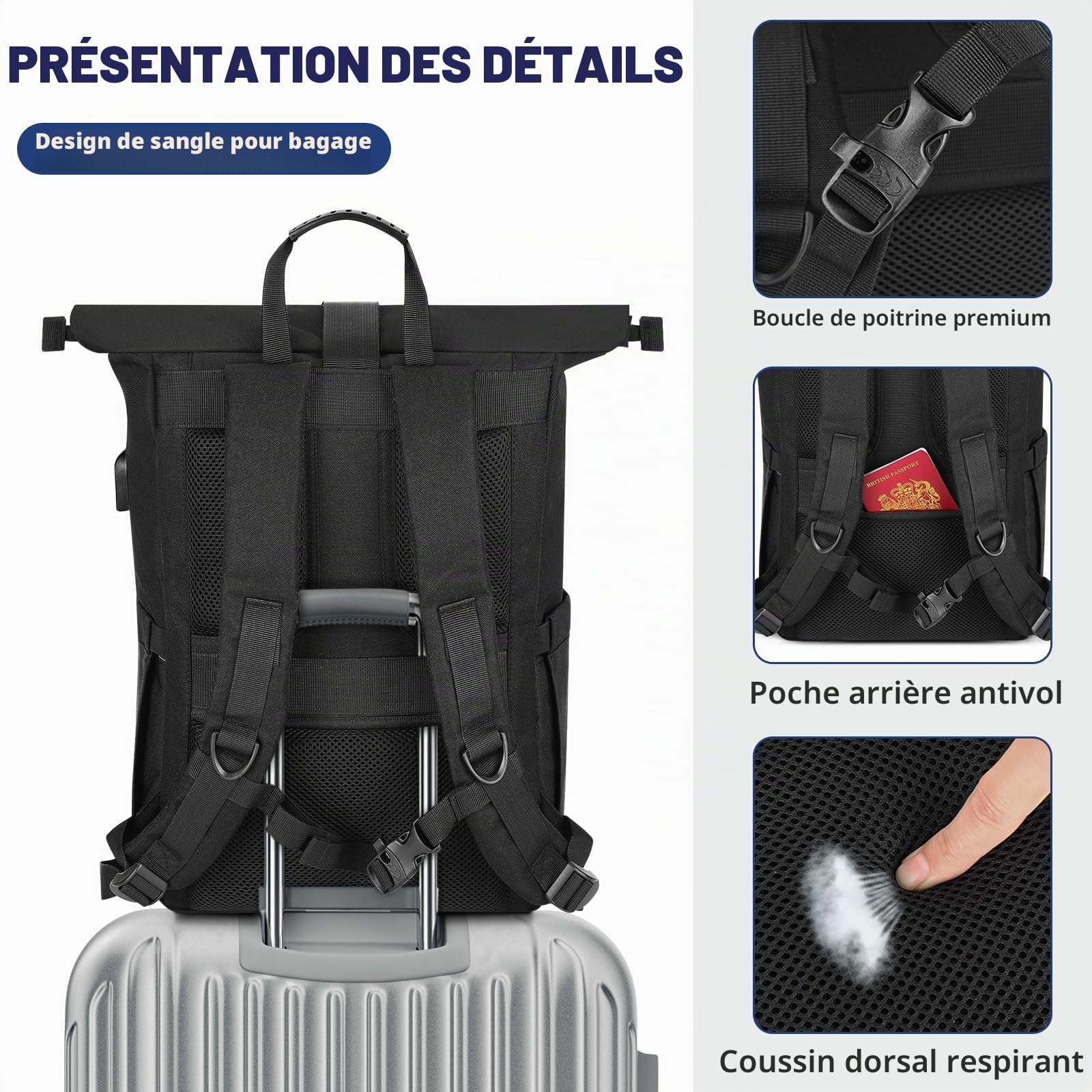 Sac à Dos Roll-Top Étanche Homme & Femmes, Sac Imperméable pour Ordinateur Portable 15,6 Pouces, Backpack Extensible pour Travail Loisirs Voyage École