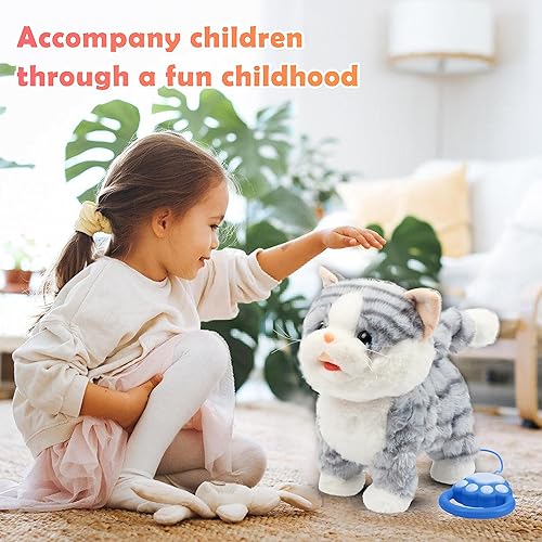 Miniatura 3 de Easfan Gatito que camina de 12 pulgadas, eléctrico, interactivo, musical, juguete de peluche con correa de control remoto, cola maullando, meneando,