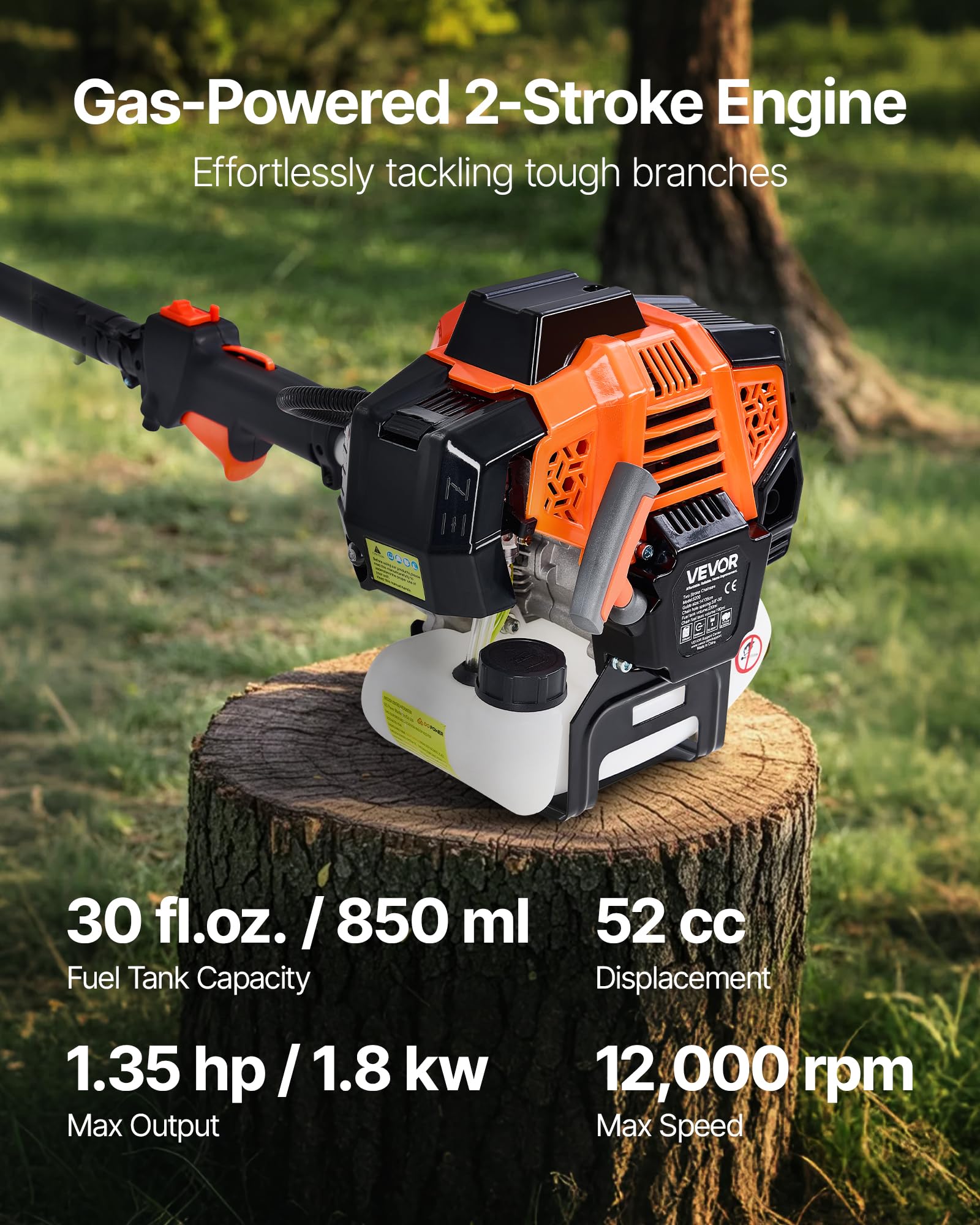 VEVOR Élagueuse Thermique sur Perche à 2 Temps, 52 cc, Élagueuse sans Fil à Essence, avec Perche Extensible 2,2 m-2,94 m, Guide-chaîne 35,6 cm, Réservoir de Carburant 850 ml, pour Élagage des Arbres
