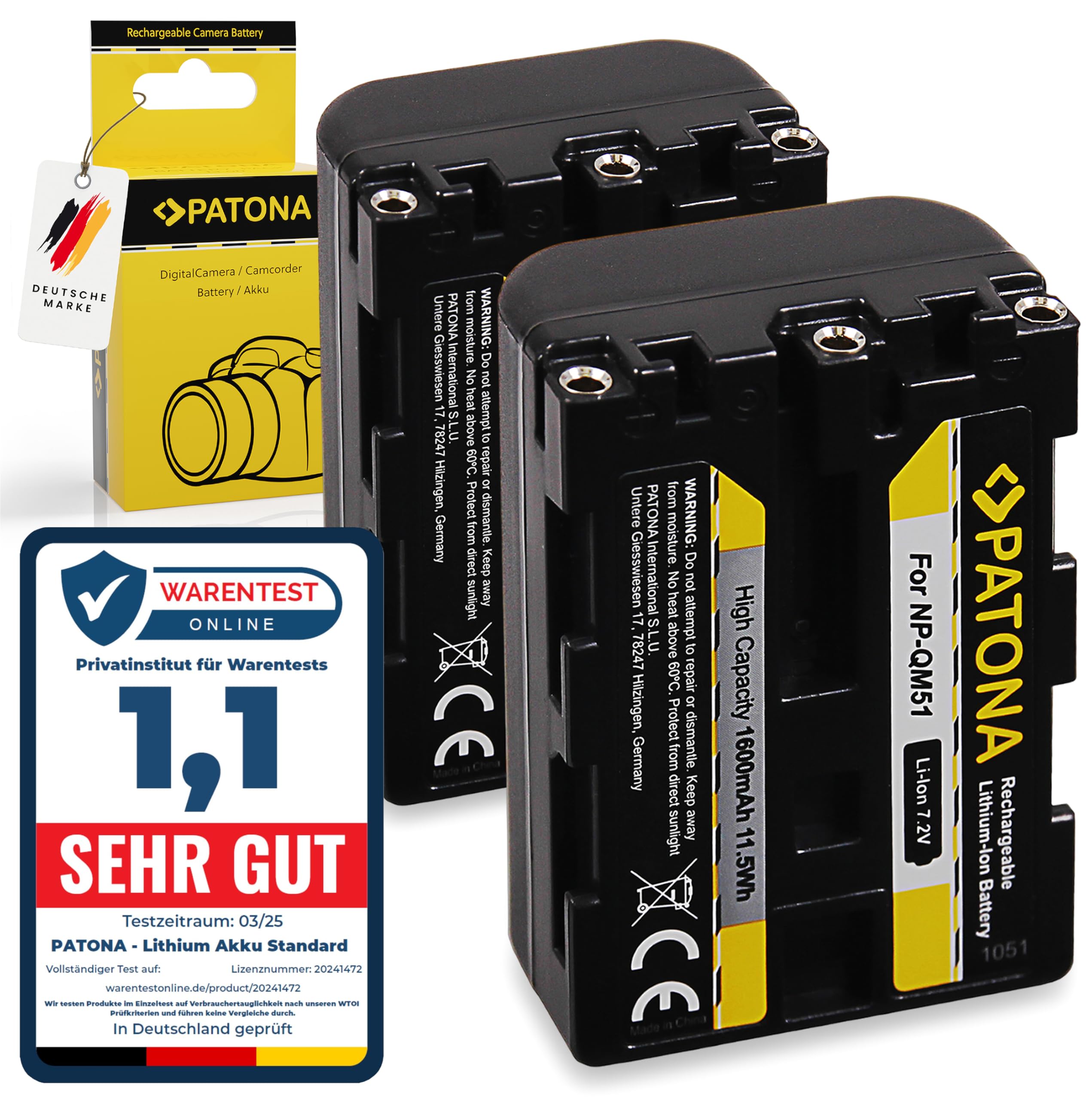 PATONA 2x NP-FM50 NP-QM51 Batteria 1600mAh compatibile con Sony Camcorder NP-FM30 FM50 FM70 FM90 QM51D QM71D QM91D CCD-TRV106K 108 116 128 DCR-DVD91 100 200 DCR-HC14 TRV6 TRV8 NPFM50 QM51 FM50