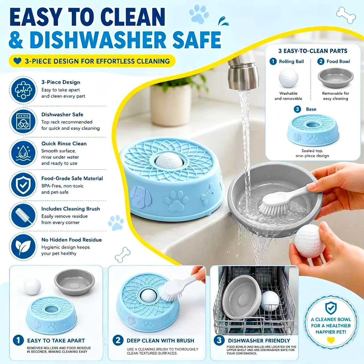 Slow Feeder Dog Bowls，Dog Lick Bowl with Rolling Ball,Interactive Dog Licking Toy & Dog Enrichment Toys, Dog Lick Ball Bowl for Wet Food，Non-Slip Design(Blue)