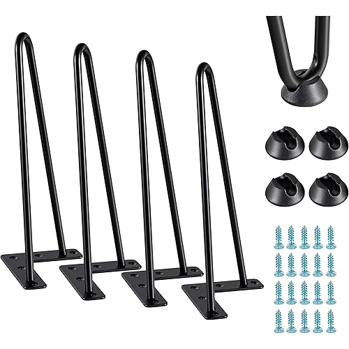 12" Furniture Table Legs with 4 PCS Black Floor Protectors. DIY Black Hairpin Table Legs,Modern Desks and Outdoor Table Legs, Set of 4(12 Inch Two Rod).