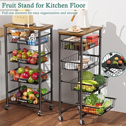 Miniatura 4 de Carrito de almacenamiento de cocina con ruedas, carrito de metal de 5 niveles, cesta de almacenamiento de frutas y verduras, estante de despensa con