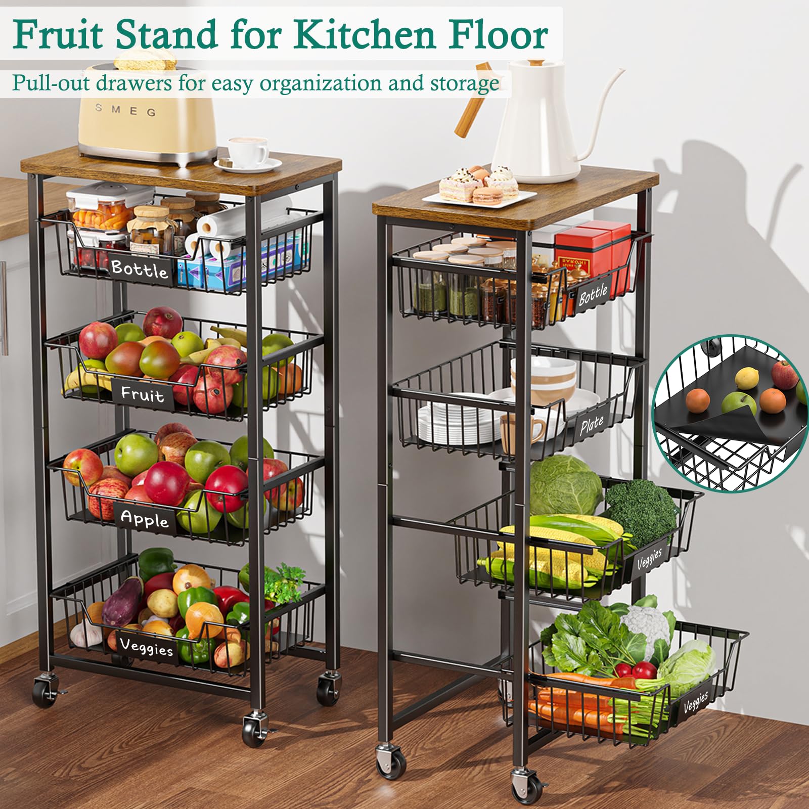 Carrello Portaoggetti Da Cucina A 5 Ripiani Con Ruote - Metallo E Legno, Cestini Estraibili, Per Frutta E Verdura, 32x41x87 Cm
