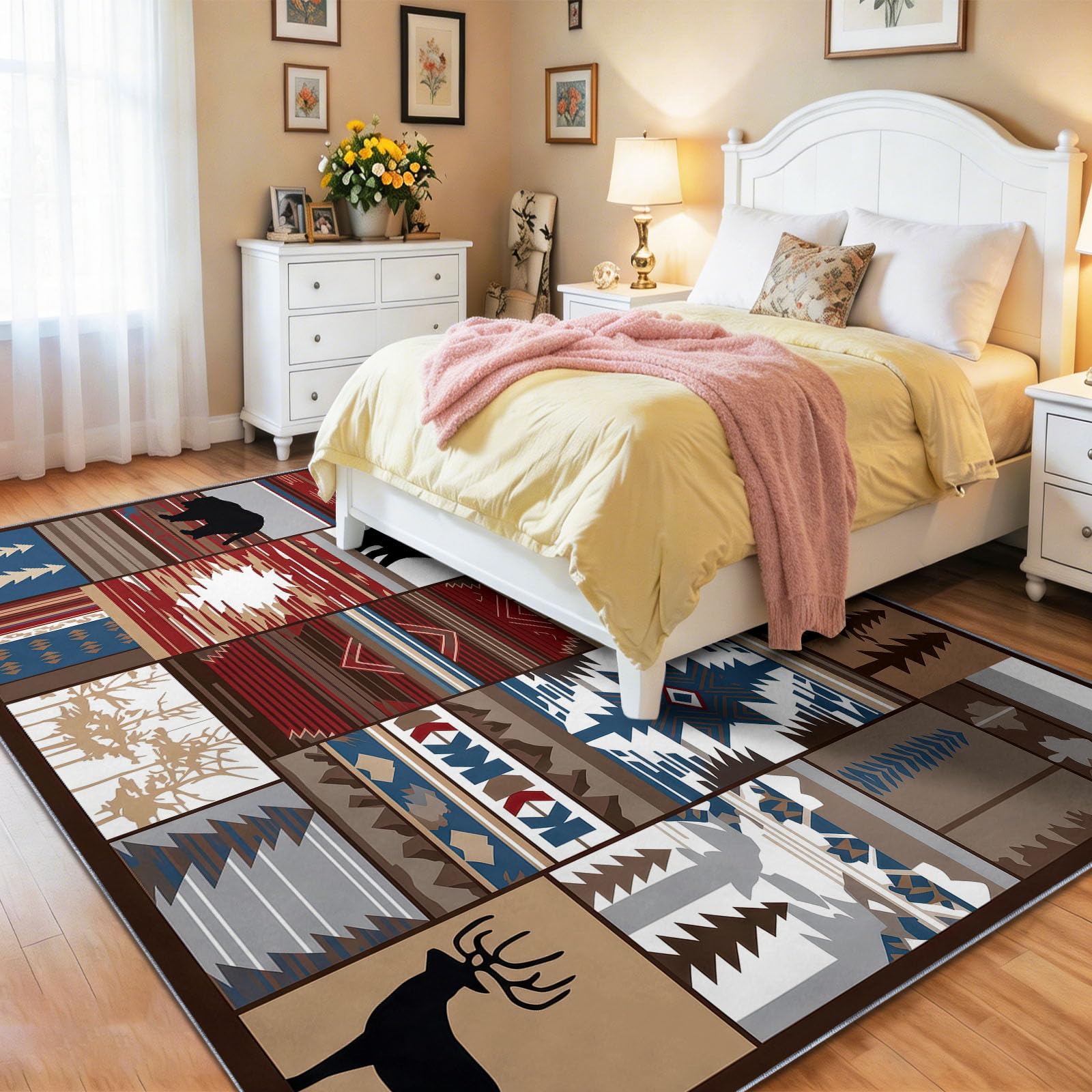Tapis Rétro Traditionnel 160 x 230 cm Lavable | Poil Court Antidérapant, Tapis Facile d'entretien Géométriques Totems Tribaux Silhouettes Animales, Choix pour Chambre d'amis Salon et Salle à Manger