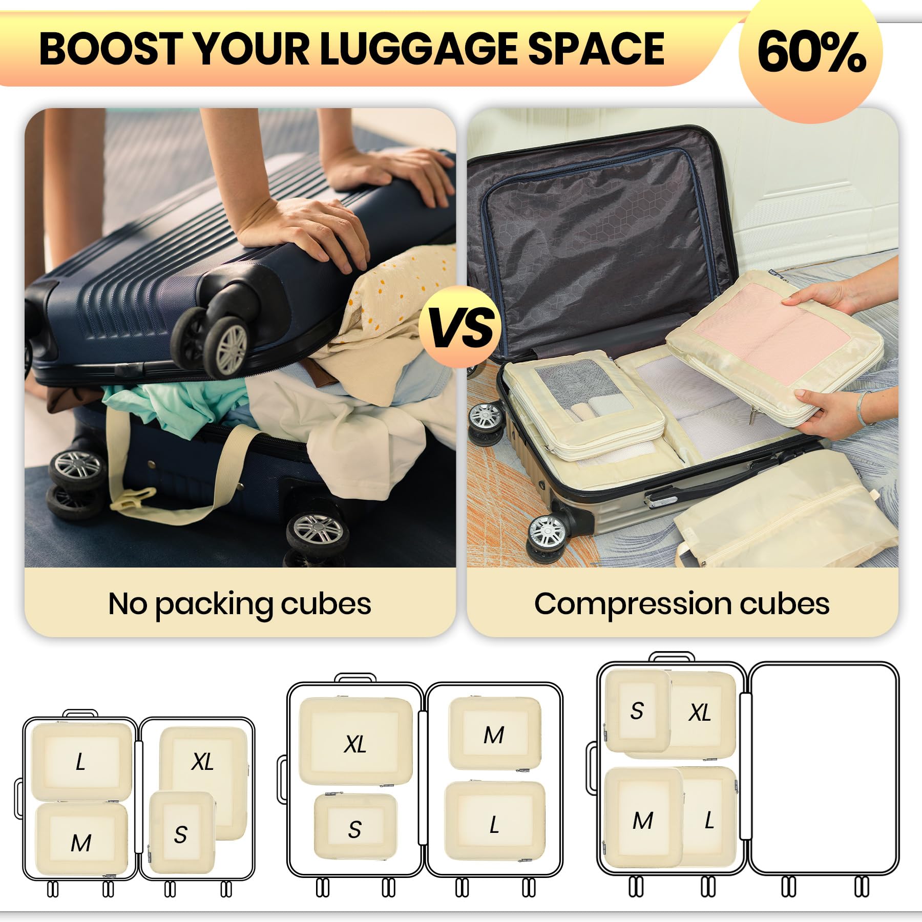 6er-Set Kompressions-Verpackungswürfel für Koffer, komprimierbare Netz-Verpackungswürfel für Reisen, Damen, Reiseutensilien, mit Schuhbeutel und Kordelzugbeutel