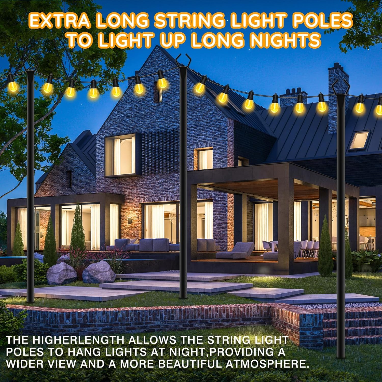 Lot de 6 poteaux pour guirlande lumineuse d'extérieur en métal de 3 m avec fourchette pour guirlandes lumineuses extérieures, poteaux d'éclairage d'extérieur avec fourchette, patio, terrasse, jardin