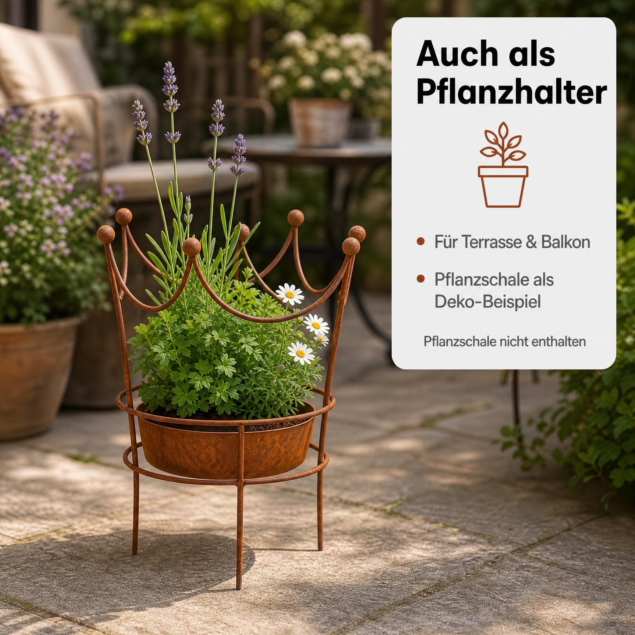 Pflanzenstütze in Edelrost, Staudenstütze Metall in Kronenform, Rankhilfe Garten & Rosenstütze, bepflanzbar, wetterfest, 60 × 50 cm, dekorative Gartendeko Vintage