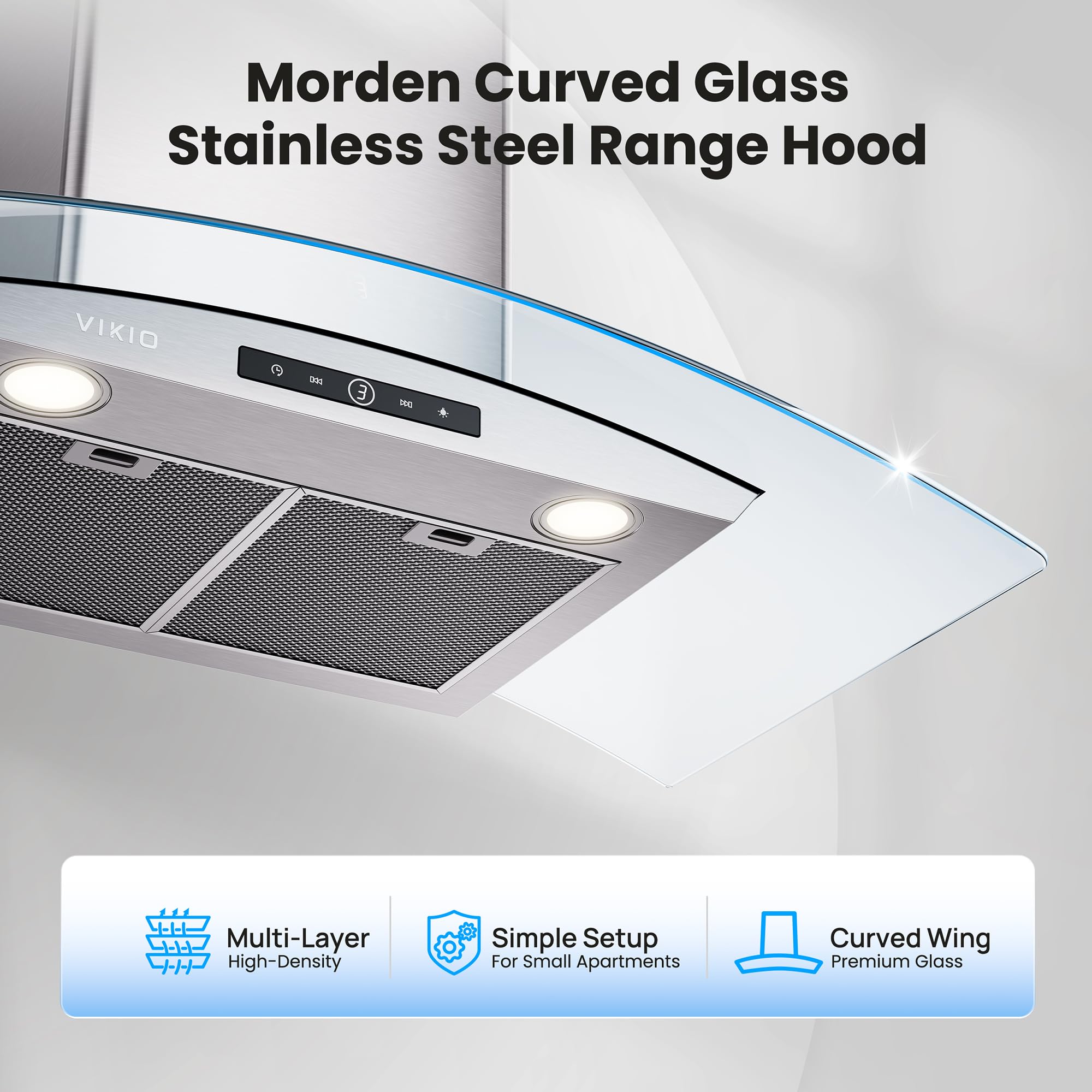 VIKIO HOME 30 Inch Wall Mount Range Hood, 450 CFM Dual Inlet, Curved Glass Kitchen Vent Hood, Ducted/Ductless Convertible, 3-Speed Touch Control, LED Lights, Stainless Steel - 4