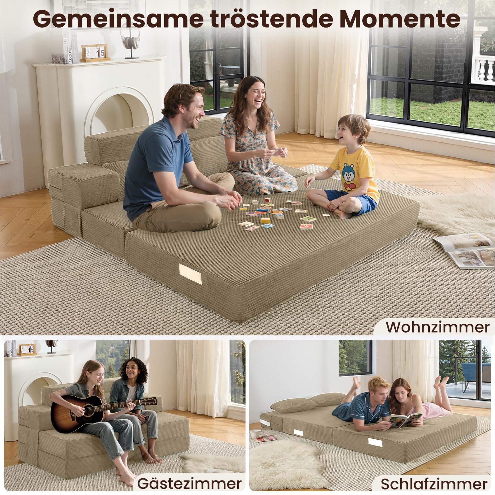3-in-1 Schlafsofa 150 x 200 cm – Schlafsessel mit Bettfunktion, klappbares Bettsofa, Faltbare Schlafcouch mit integrierten Rückenkissen & separatem Kissen, waschbarer Bezug, Helltaupe