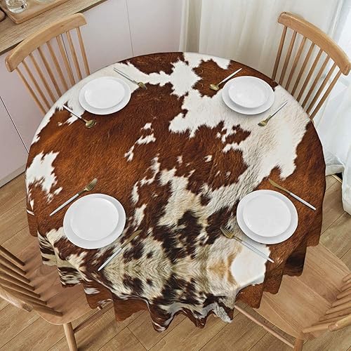 Mantel redondo estampado de piel de vaca roja y blanca de 60 pulgadas, mantel de poliéster lavable, mantel de encaje con patrón ondulado para