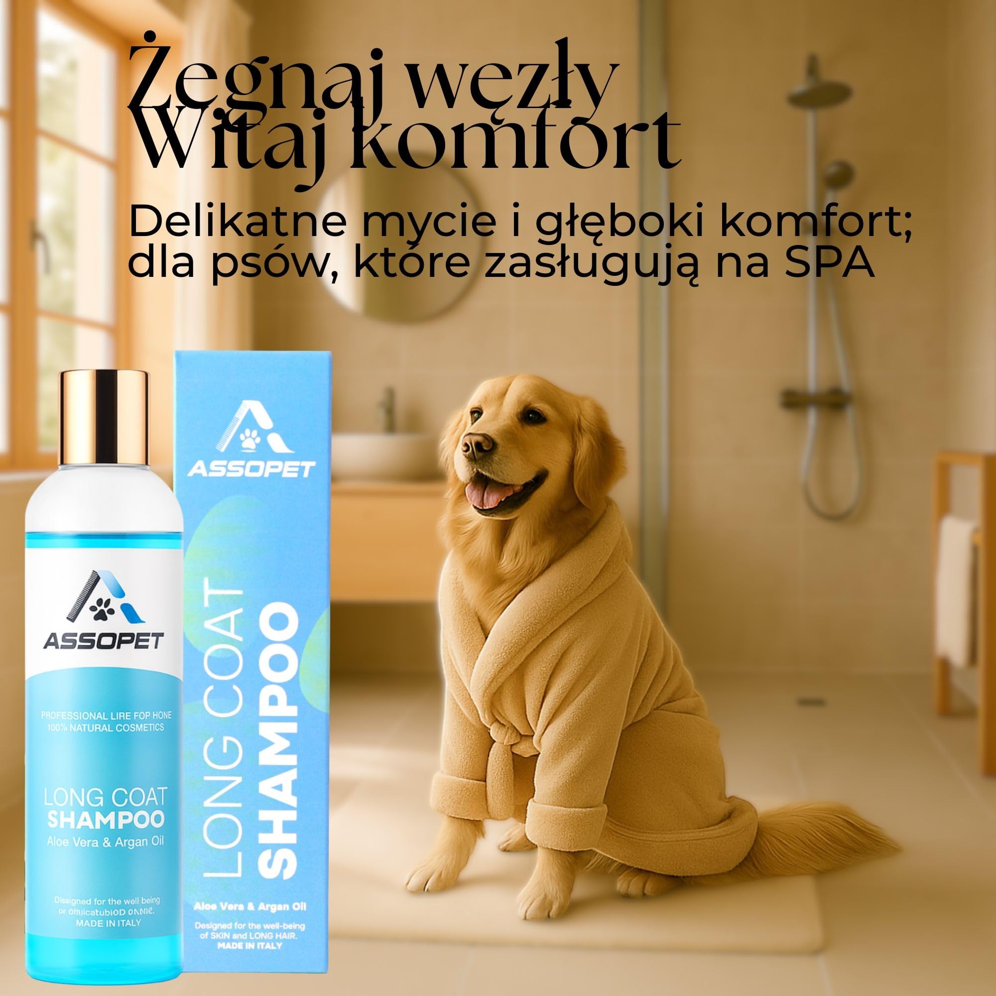 Szampon dla Psów Długowłosych 250ml – ASSOPET - Naturalny Szampon Rozplątujący z Bio Olejem Arganowym i Bio Aloe Vera – Miękka, Lśniąca i Jedwabista Sierść – Delikatny, 100% Wegański, Made in Italy
