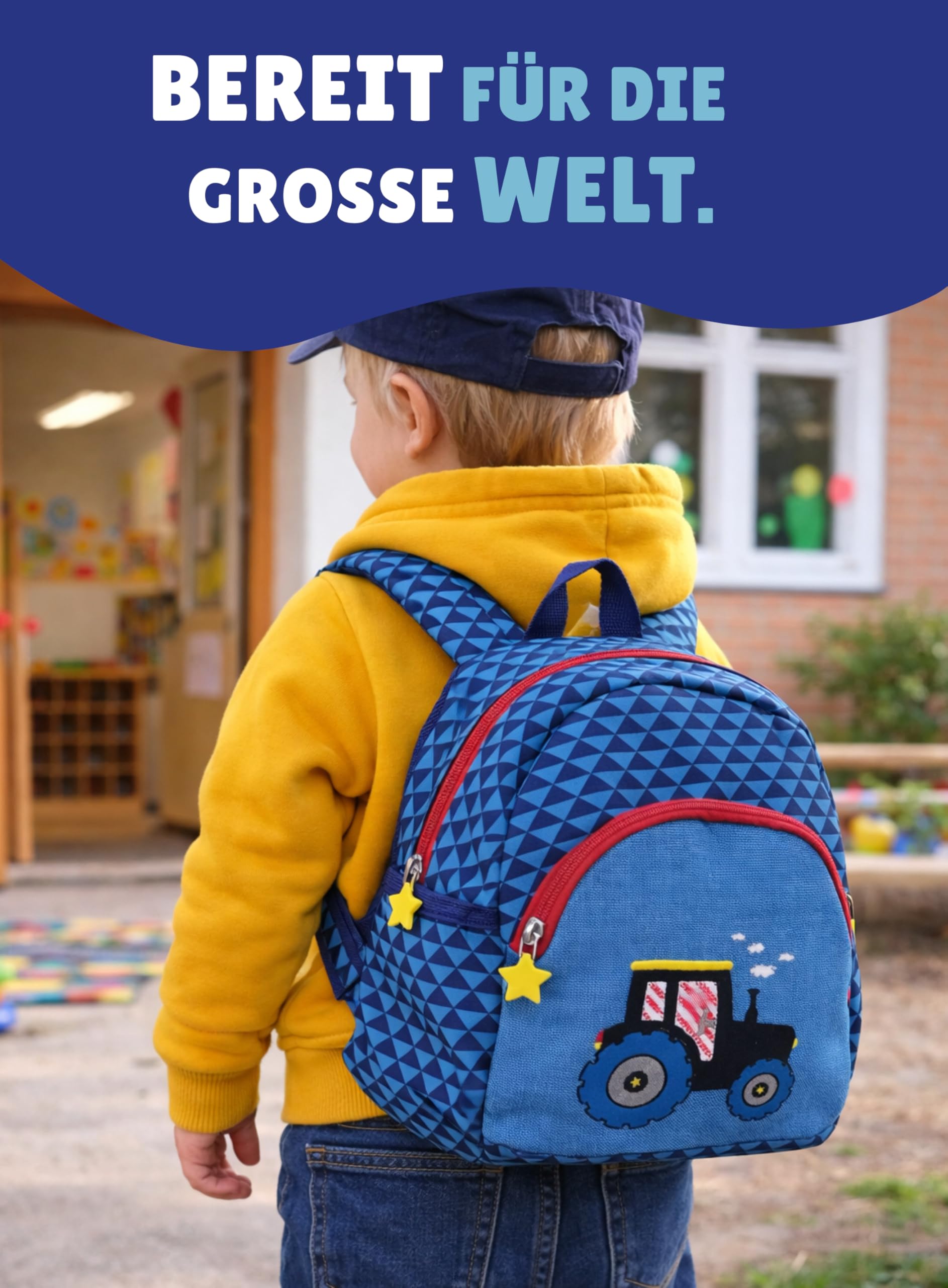 Familando Spiegelburg Kindergarten Rucksack Set 4tlg. mit Turnbeutel, Brotdose und Trinkflasche Traktor Bulldog für Jungen und Mädchen