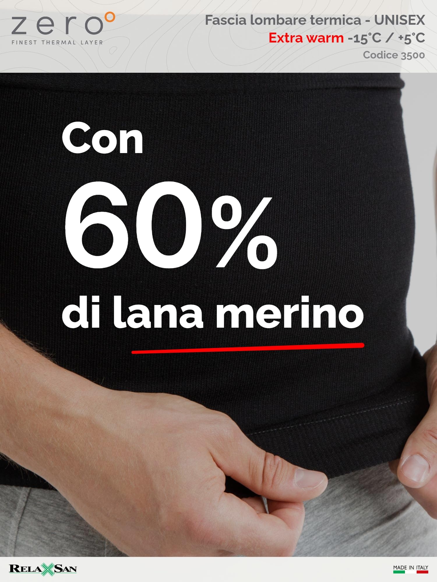 Relaxsan Zero Fascia Lombare Riscaldante con Lana Merino, Made in Italy, cod. 3500 (Nero, L)