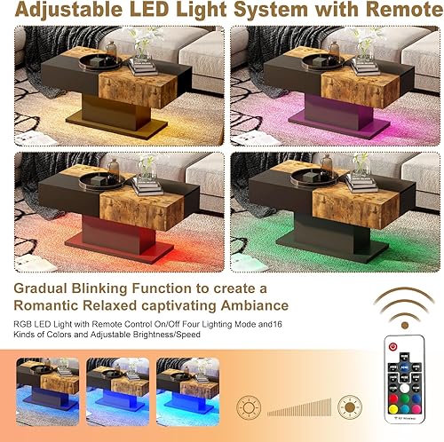 Miniatura 13 de Mesa de centro LED para sala de estar, mesa central rectangular, mesas de centro modernas de madera de alto brillo con luces LED de 16 colores para
