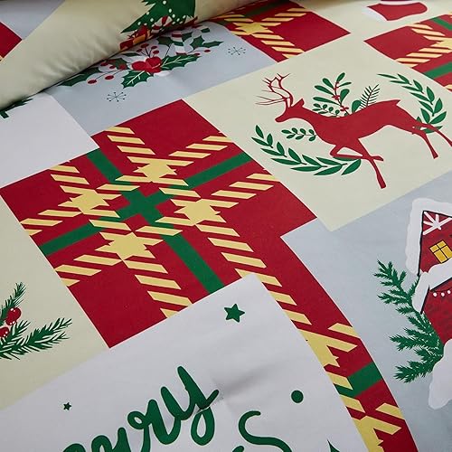 Miniatura 3 de Flysheep Juego de edredón de 3 piezas con diseño de retazos rojos de Navidad, tamaño individual, rojo, verde, blanco y beige, estampado de festival