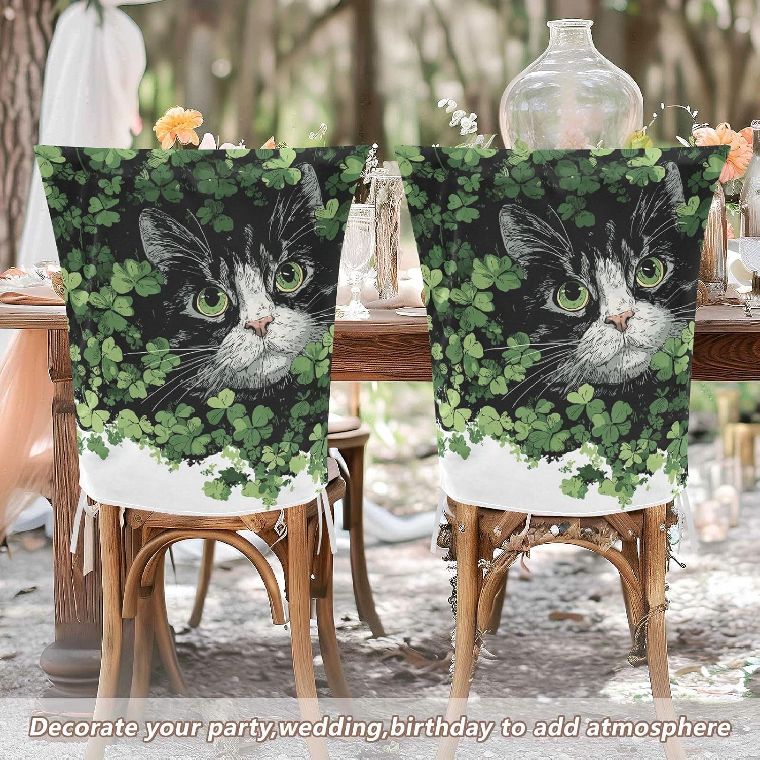ALAZA Vintage Cat Clovers Chair Back Cover Set of 6, Washable Reusable Removable Chair Slipcovers Decorative Chair Cover for Home Kitchen Wedding Party