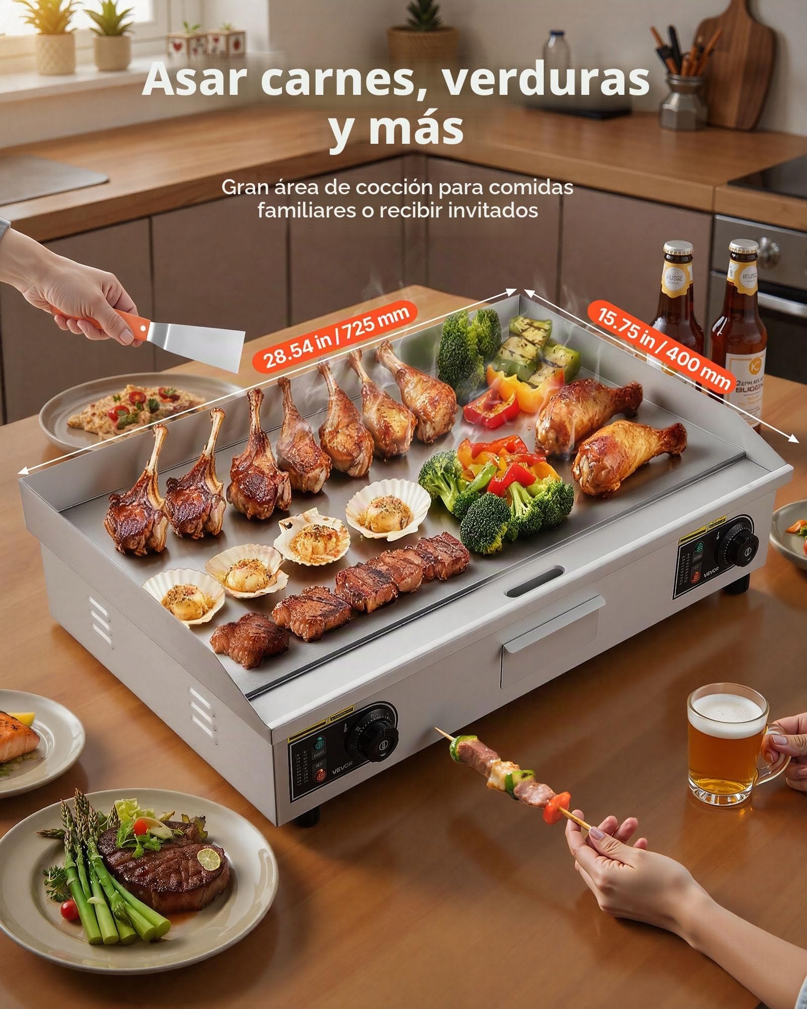 VEVOR Plancha Eléctrica Profesional 725x400 mm 4400 W, Termostato Ajustable de 50 a 300 °C, Placa con Protección contra Salpicaduras, Cuerpo de Acero Inoxidable, para Uso en Interiores y Exteriores