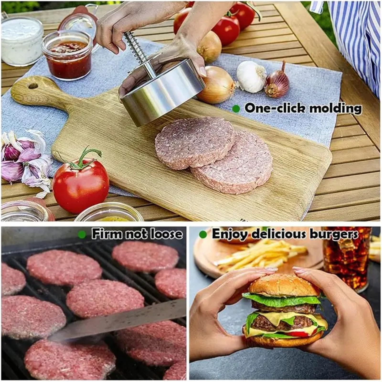 Hamburger Patty Maker Presse, 304 Edelstahl, antihaftbeschichtet, rund, manuelle Burgerpresse für Rindfleisch, Grill und Küche – Einstellbares Dickenwerkzeug
