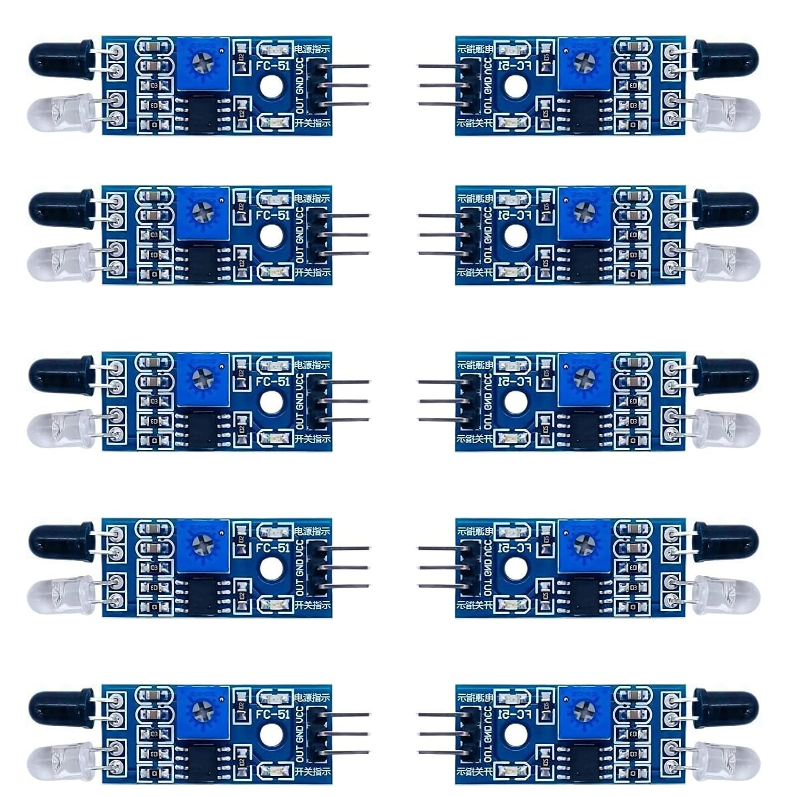 GNAFOTU10 Pieces Infrared Obstacle Sensor Module, Compatible with Arduino and Raspberry Pi, 3-Wire Reflective Photoelectric Sensor