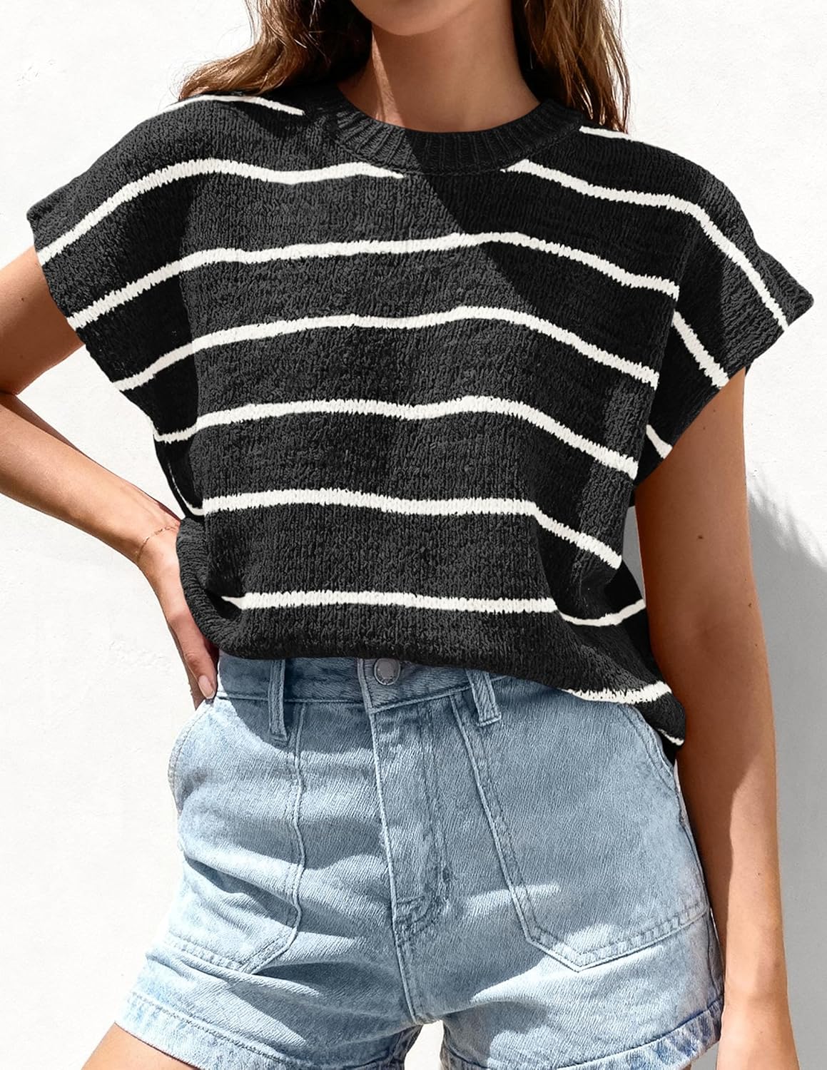 PRETTYGARDEN Womens Summer Short Sleeve Tops 2026 Trendy Crew Neck Striped Knit Sweater Business Casual Spring Clothes - Image 4