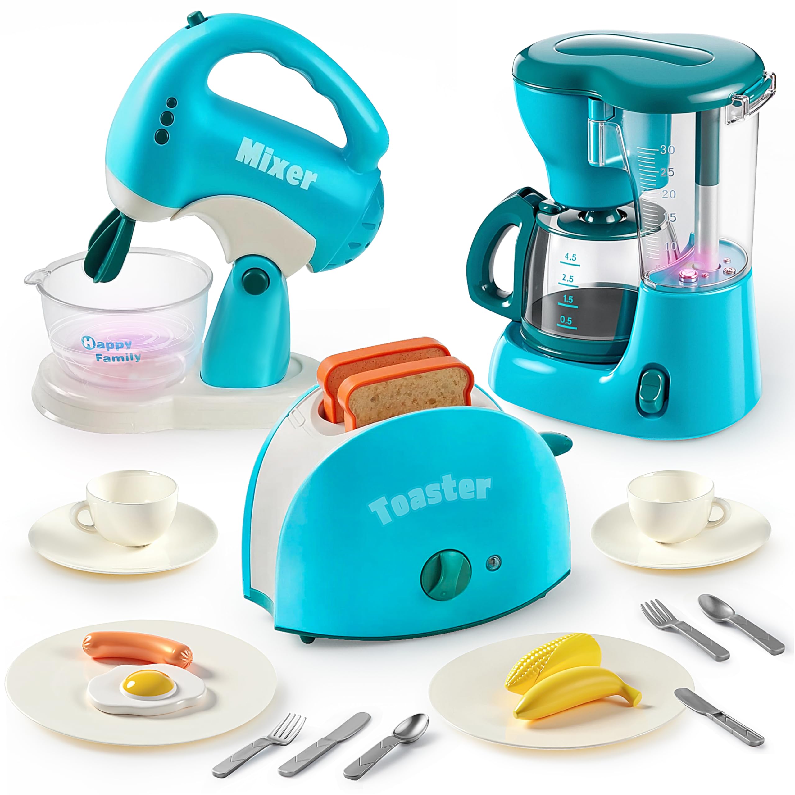 JOYINKitchen Appliances Toys, Play Kitchen Accessories Set for Kids, Pretend Kitchen Toys, Coffee Maker, Mixer, Toaster with Realistic Lights& Sounds, Ages 3+