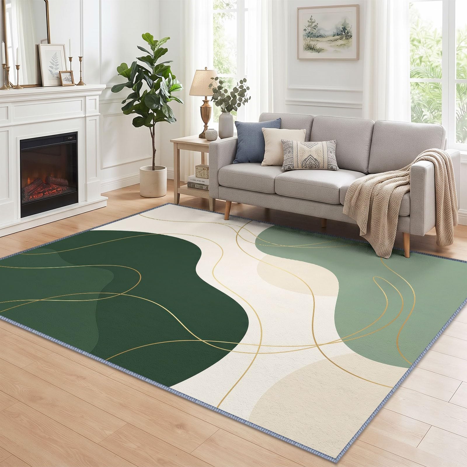 Générique Tapis Vert Sauge Feuille De Lotus pour Salon, Salle à Manger Chambre à Coucher, Tapis à Poil Court Minimaliste Bohème, 160x230 cm