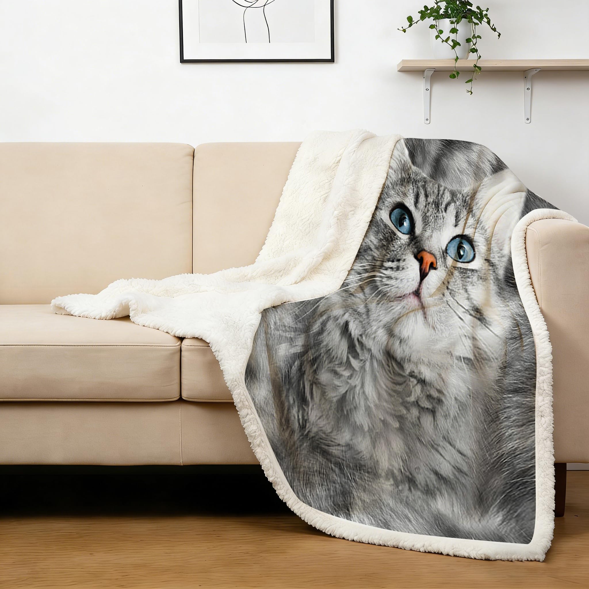BlessLiving Gray Cat Blanket Animal Print Fleece Blanket Kitten Sherpa Blanket Cat Fuzzy Blankets and Throws for Kids Adults Travel/Single Cats Gifts for Women Girls (130x150cm)