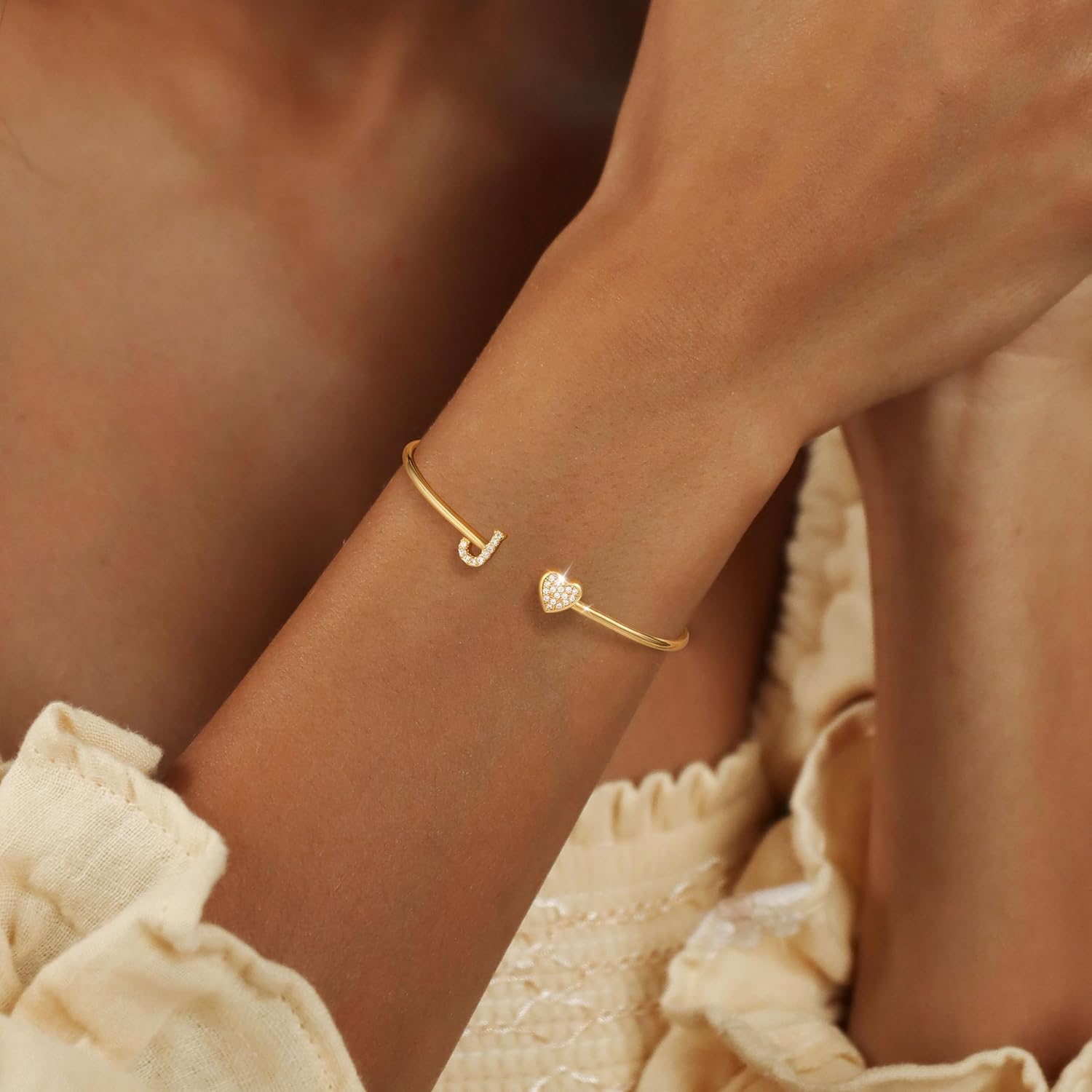 WFYOU Gold Initial Bracelets for Women Non Tarnish Dainty 14k Gold Plated Heart Initial Bracelet Letter A-Z Personalized Adjustable Bangle Bracelets Name Cuff Bracelet Birthday Gifts for Women Jewelry - Image 3