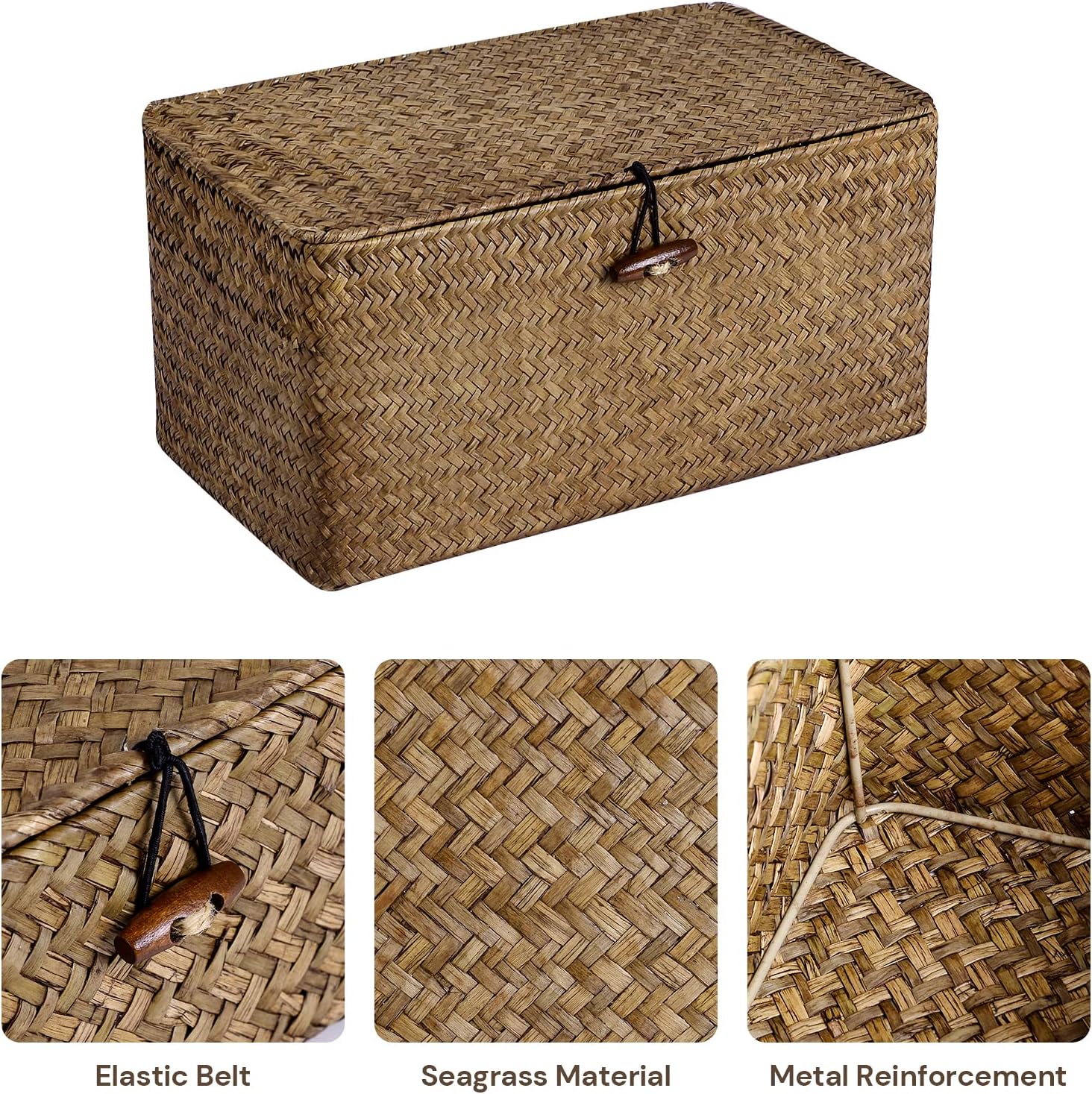 Decorative Storage Basket with Lid Set of 3,Woven Seagrass Storage Bins for Shelves for Organizing, Rectangular Baskets for Decoration, Picnic, Groceries and Toy Storage image 3