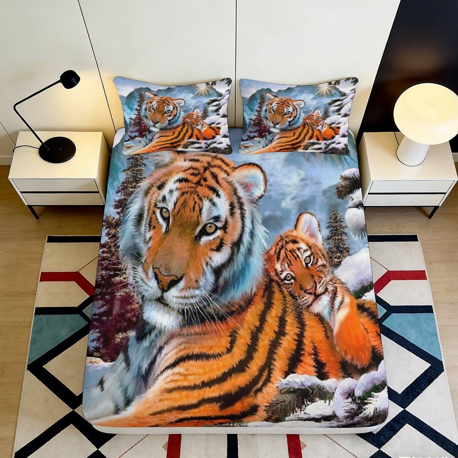 3D Printed tiger pattern Fitted Sheet, Microfiber soft touch, wrinkle resistant, bedroom and guest room bedding, durable, easy care, decorative bed cover, chars 180x200x25cm