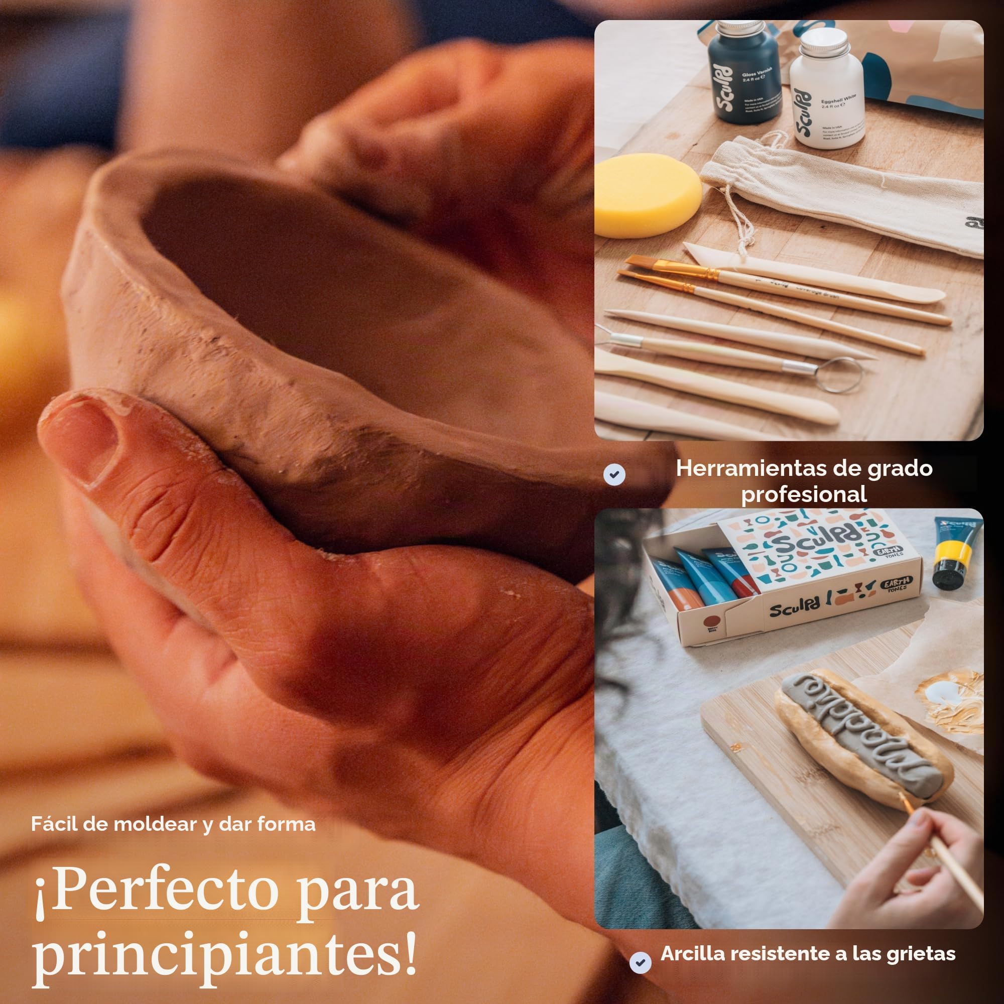 Sculpd Kit de alfarería original: el juego completo de arcilla de secado al aire para adultos incluye herramientas para tallar, barniz, pinceles, guías, kits de arte y manualidades