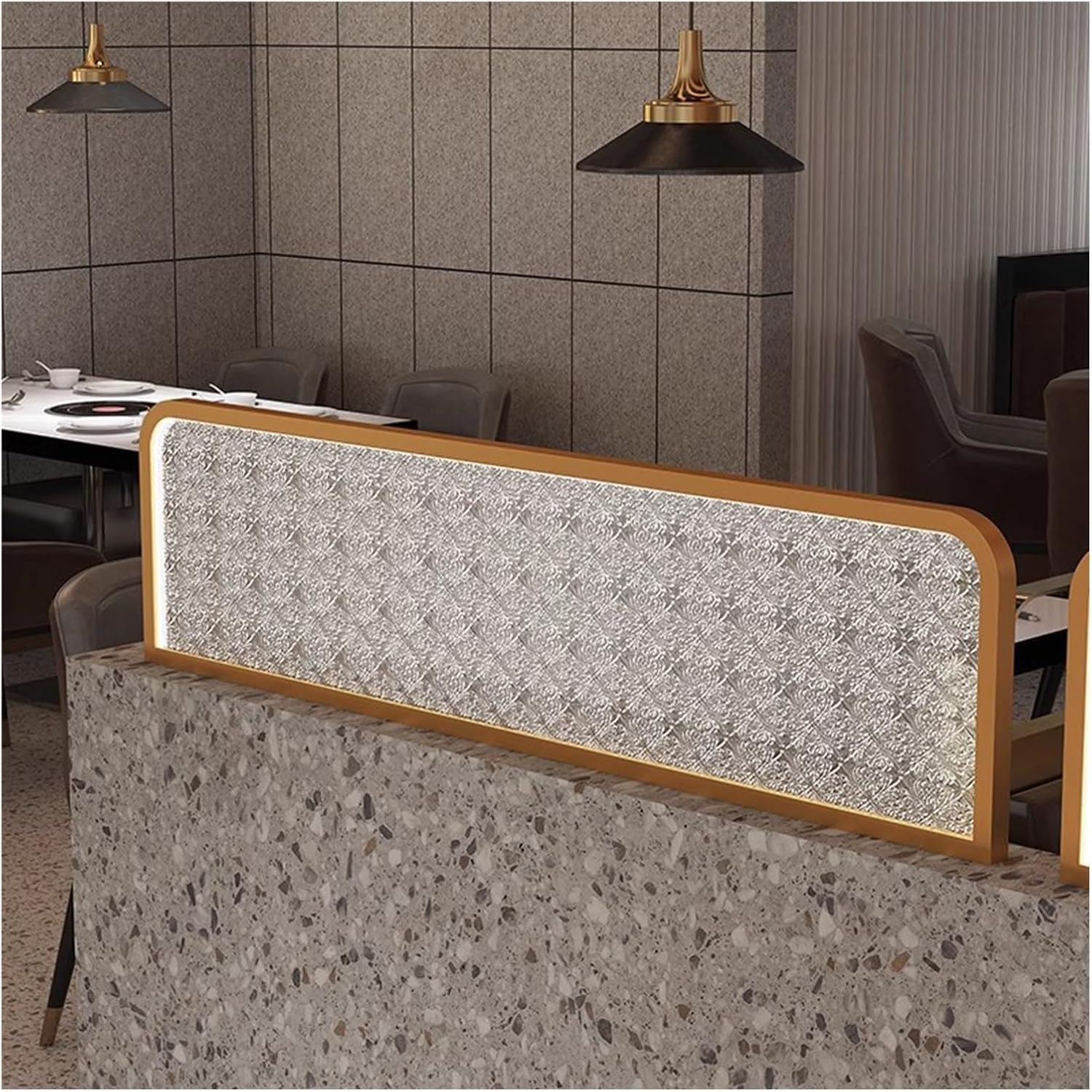 GLETSF Standing Semi-Private Half Wall Countertop Low Fence 11.8/17.7 In. For Dining Area Partition Raised Pattern Glass Restaurant Screen Partitions Privacy,Gold-55X11.8In-Gold-39.3x11.8in