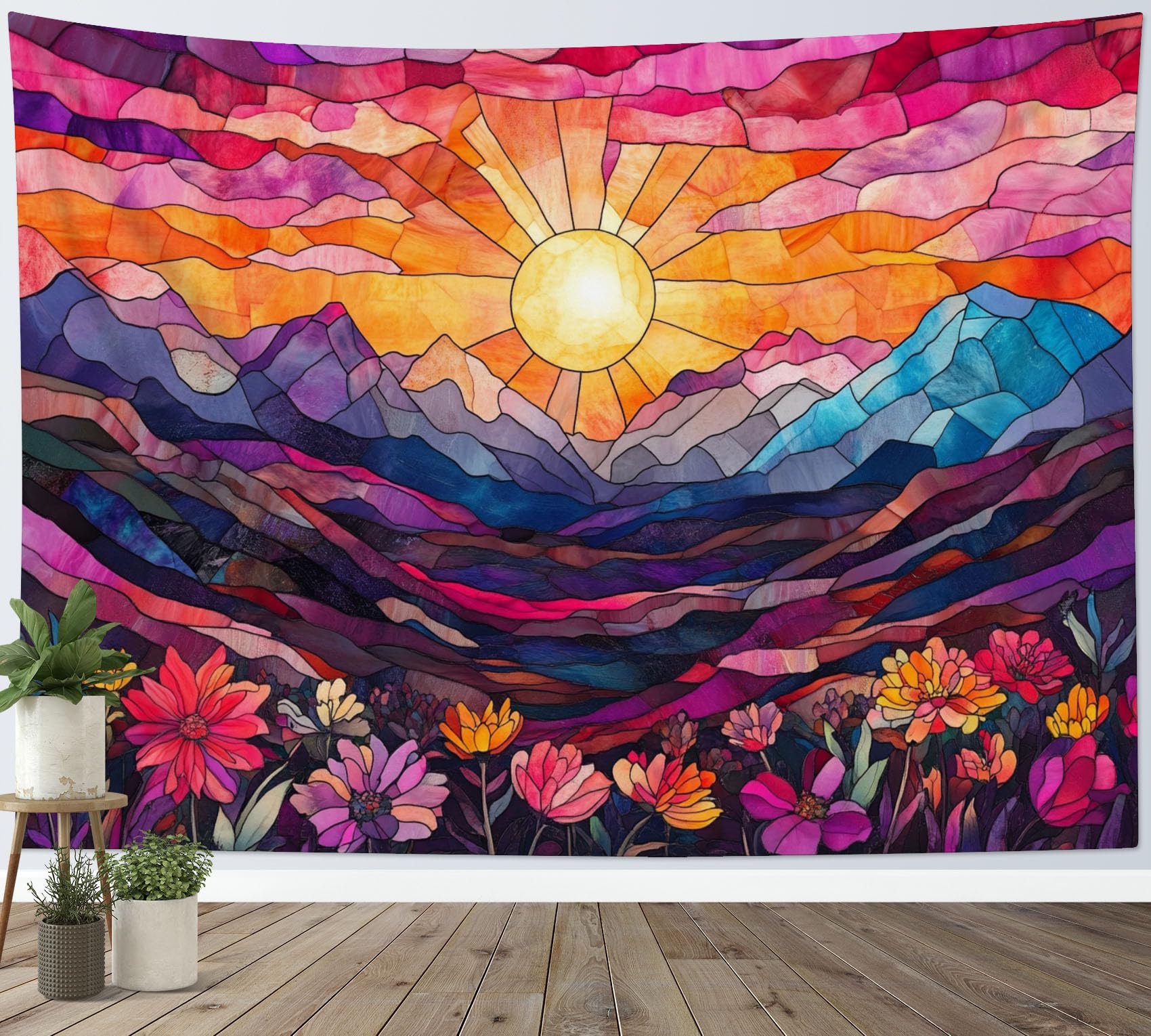 LB Abstract Mountain Tapestry Wall Hanging Stain Glass Orange Sun Colorful Flower Wall Decor for Living Room Bedroom Home Office,92x70 inch
