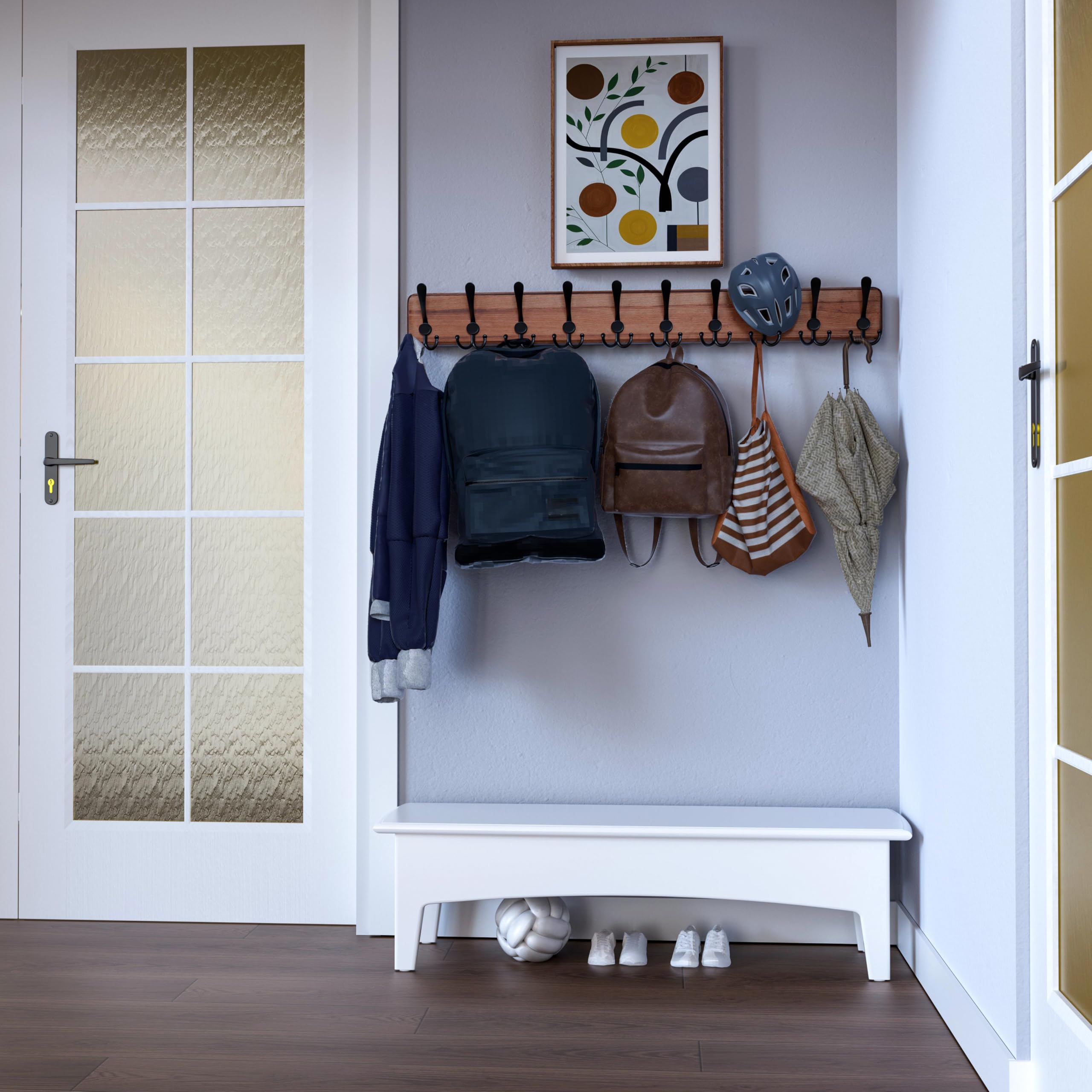 SKOLOO Porte Manteau Mural Bois Brun, Le Style Rustique, 98cm Longue,Grand Porte-manteau Mural avec 10 Crochets Triples Pour suspendre sac à dos, veste, chapeau