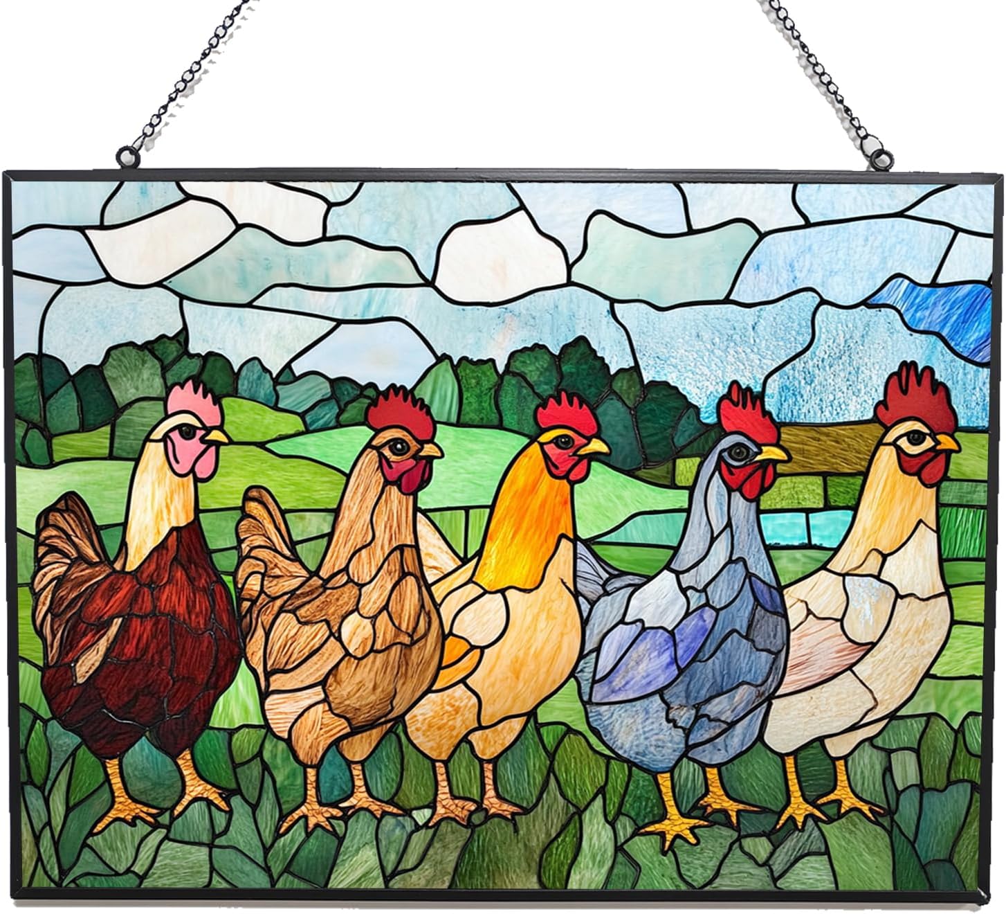 Rectangle Vintage Chicken in The Backyard Stained Glass Window Hanging Customized Suncatcher Glass Panel with Metal Chain Sun Catchers Wall Art Home Decor Gift for Women Mother's Day