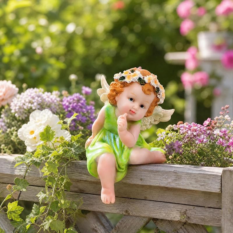 XJar Resin Garden Fairy Figurine, Sitting Hand Painted Yard Decor Statue | Flower Fairy Sculpture for Indoor & Outdoor Lawn Flower Pot Micro Landscape Decoration, Gift for Women Mom Grandma