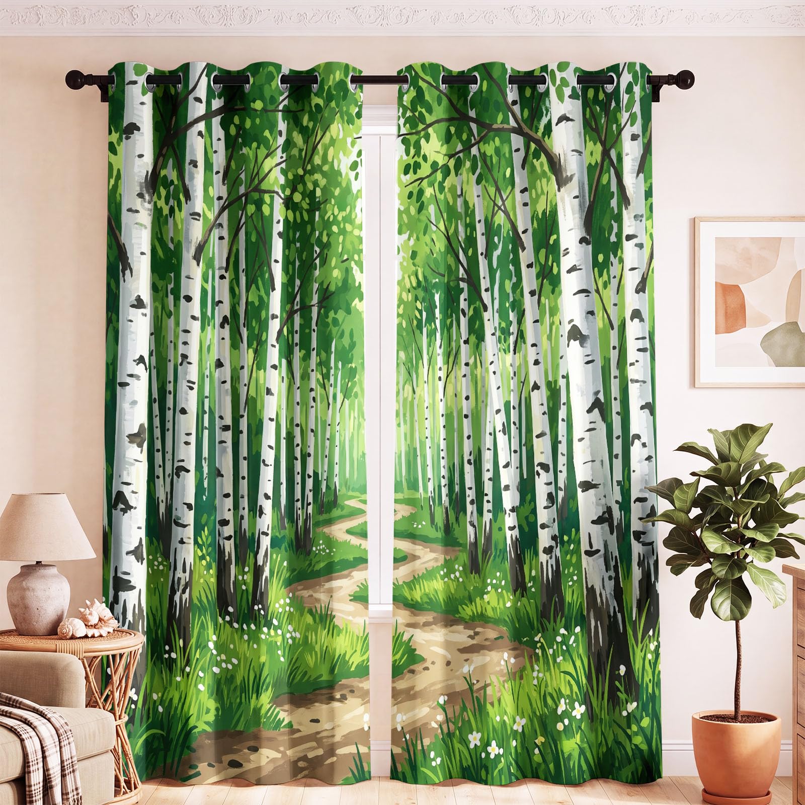 Générique Rideau Occultant Naturel Frais 135 x 245 CM, Forêt Bouleau Rideaux et Draperies pour Enfants Filles Chambre Salon Rideaux de Fenêtre Thermiques Isolants