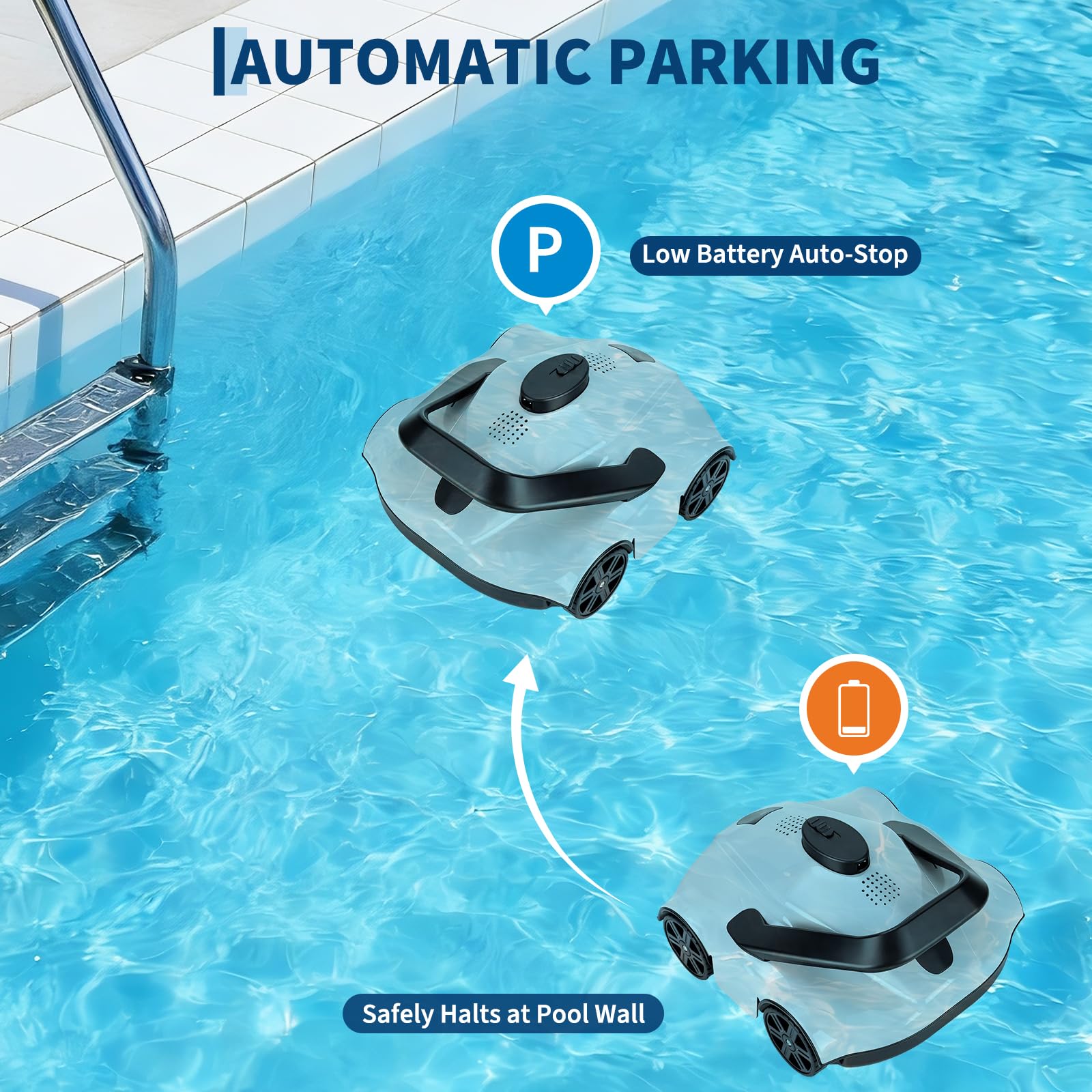 Poolroboter Kabelloser Poolsauger für Aufstellpool, bis 130 Min Akkulaufzeit, automatische Rückkehr zum Beckenrand, effizienter Bodenreiniger mit Filtersystem, leichtes Design und einfache Bedienung