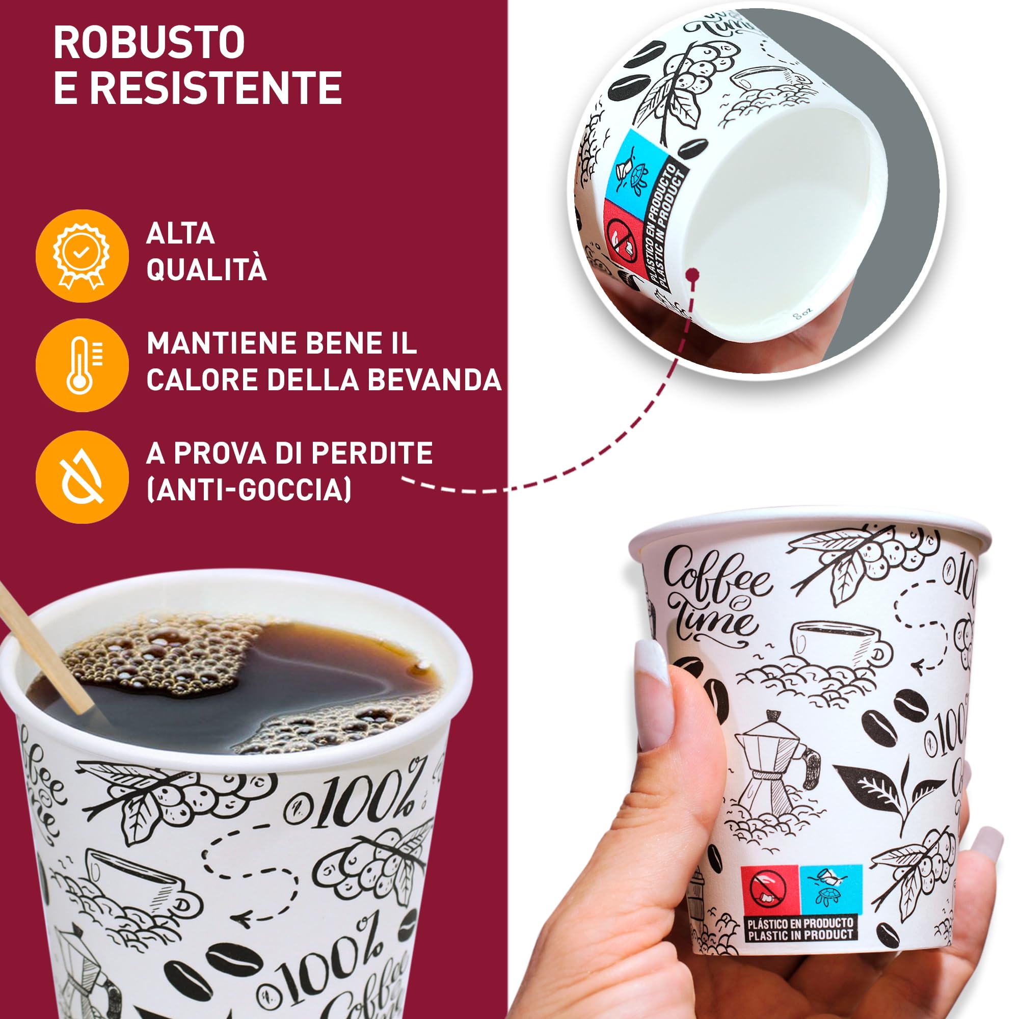 200 Bicchieri Di Carta Bianchi Da 240 Ml Per Caffè E Bevande Calde, Con Mescolatori In Legno. Perfetti Per Ufficio, Festa O Bar, Resistenti E Senza Odore.