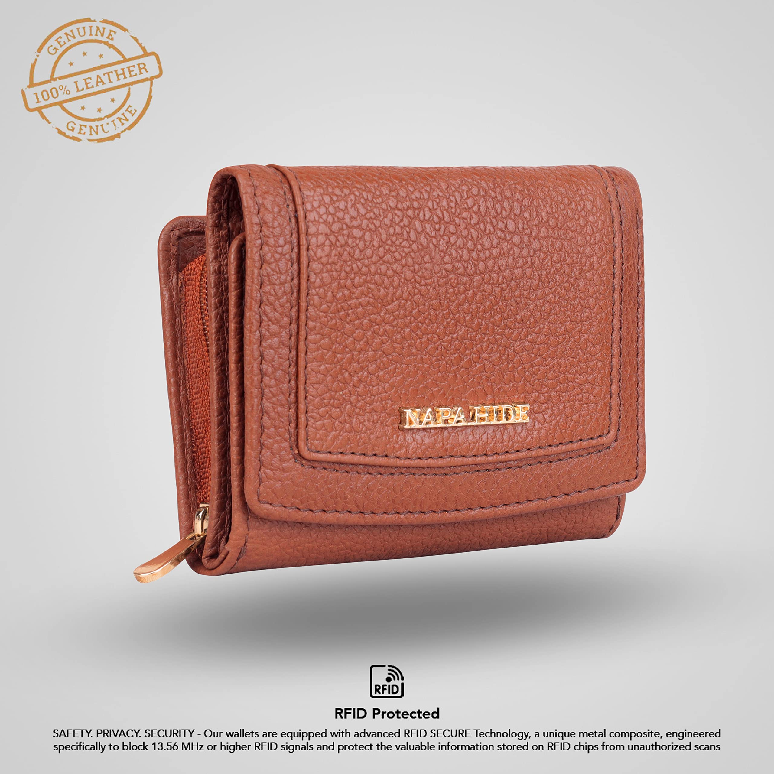 NAPA HIDE Women Leather Wallet Bifold Zipper Pocket Wallet Card Case Purse with ID Window